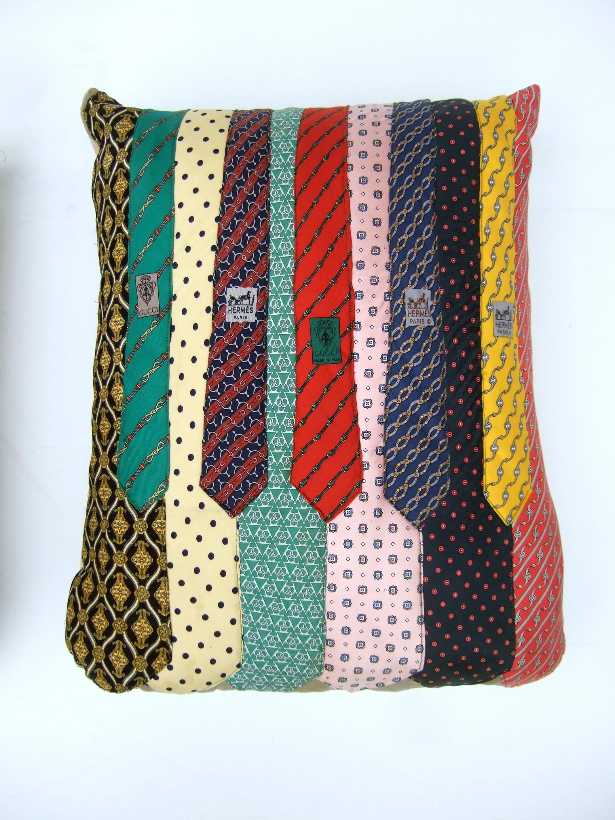 Pair of Vintage Hermes & Gucci Silk Necktie Up-cycled Handmade Pillows c 1980s  In Good Condition For Sale In University City, MO