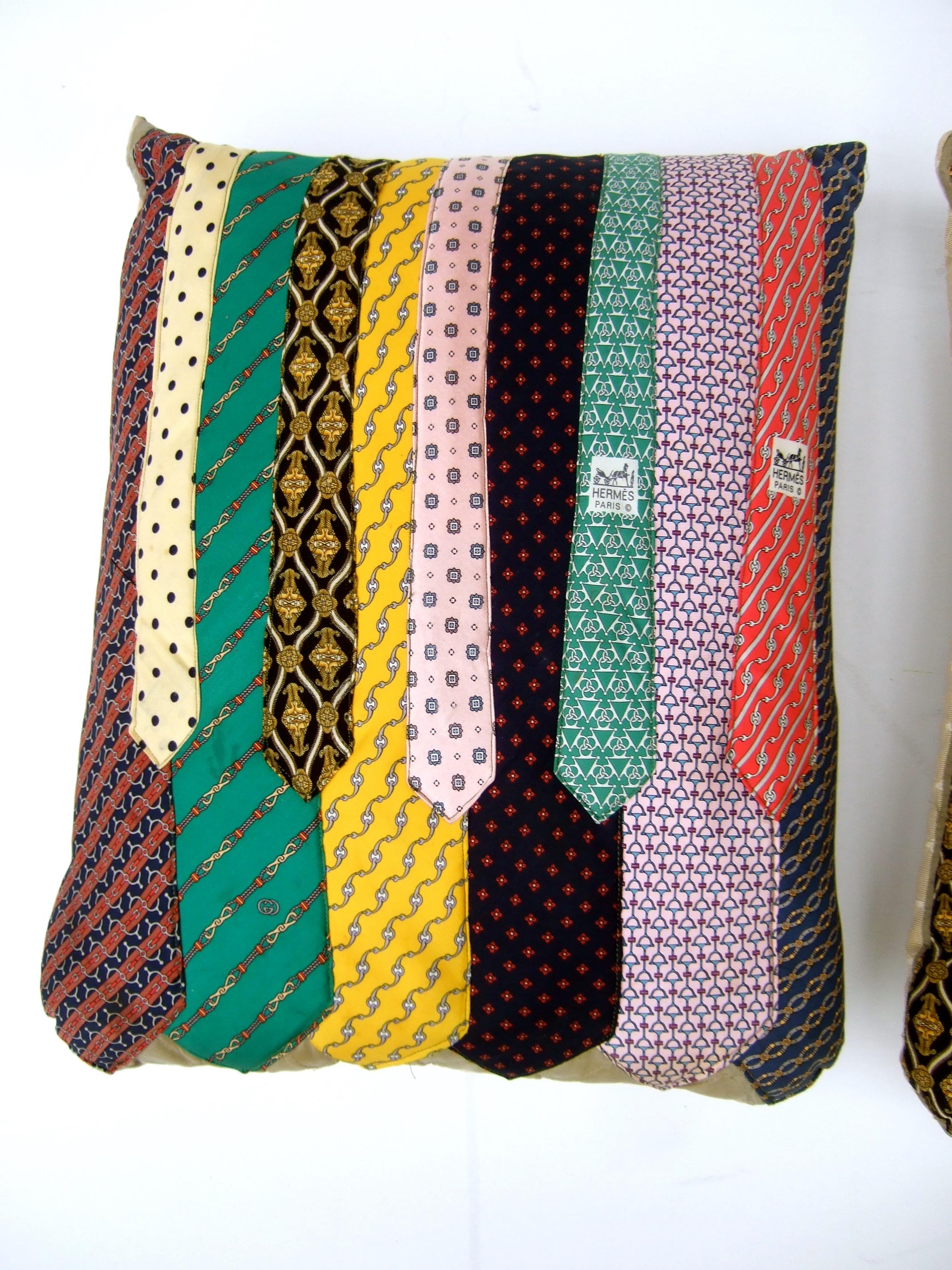 Women's Pair of Vintage Hermes & Gucci Silk Necktie Up-cycled Handmade Pillows c 1980s  For Sale