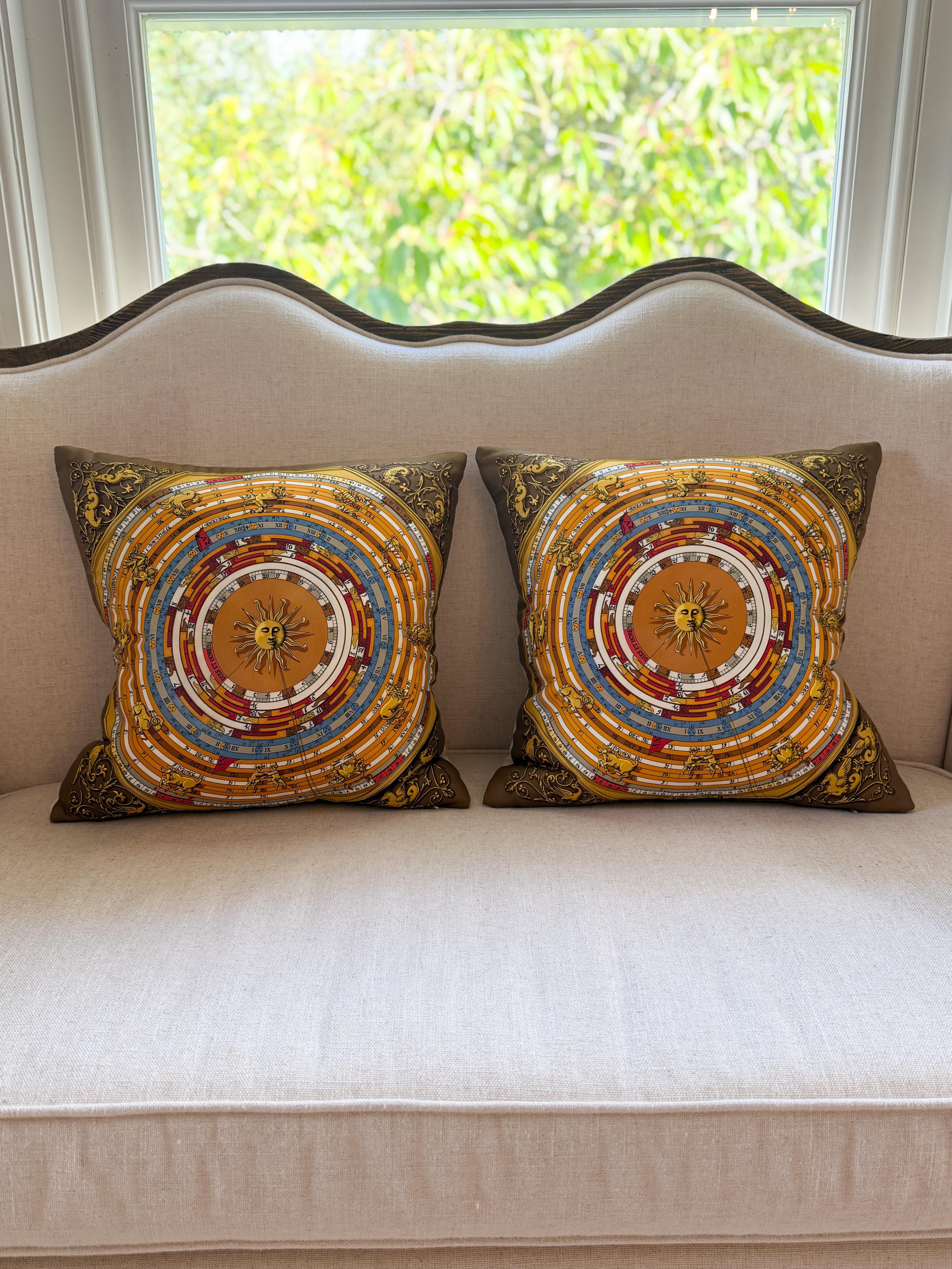 French Pair of Vintage Hermes Silk Astrology Scarf Backed in Irish Linen Pillow Brown For Sale
