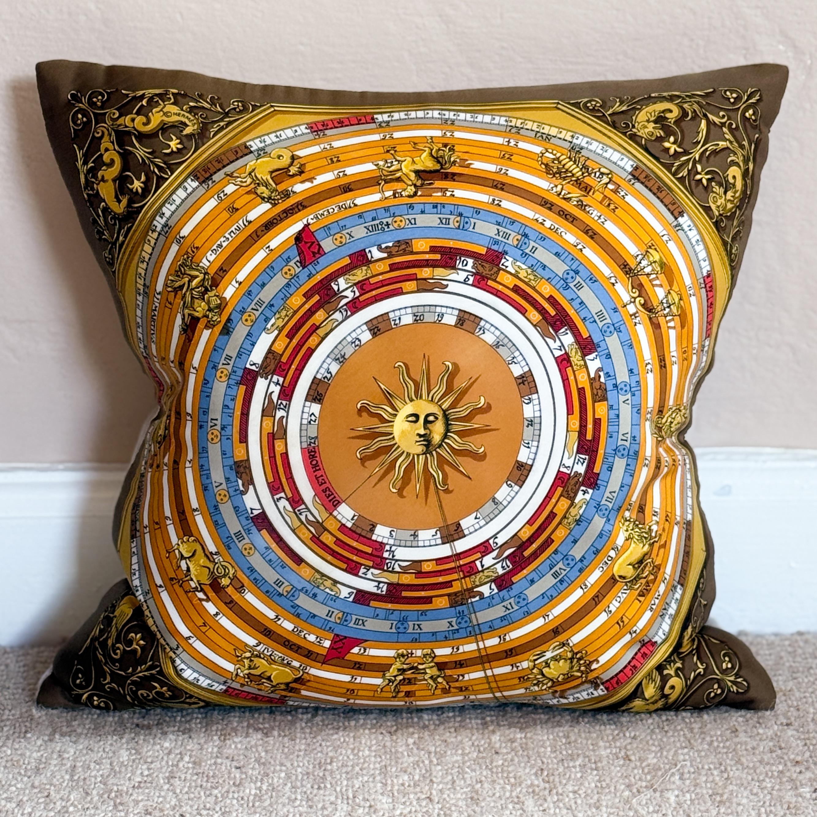 Hand-Crafted Pair of Vintage Hermes Silk Astrology Scarf Backed in Irish Linen Pillow Brown For Sale