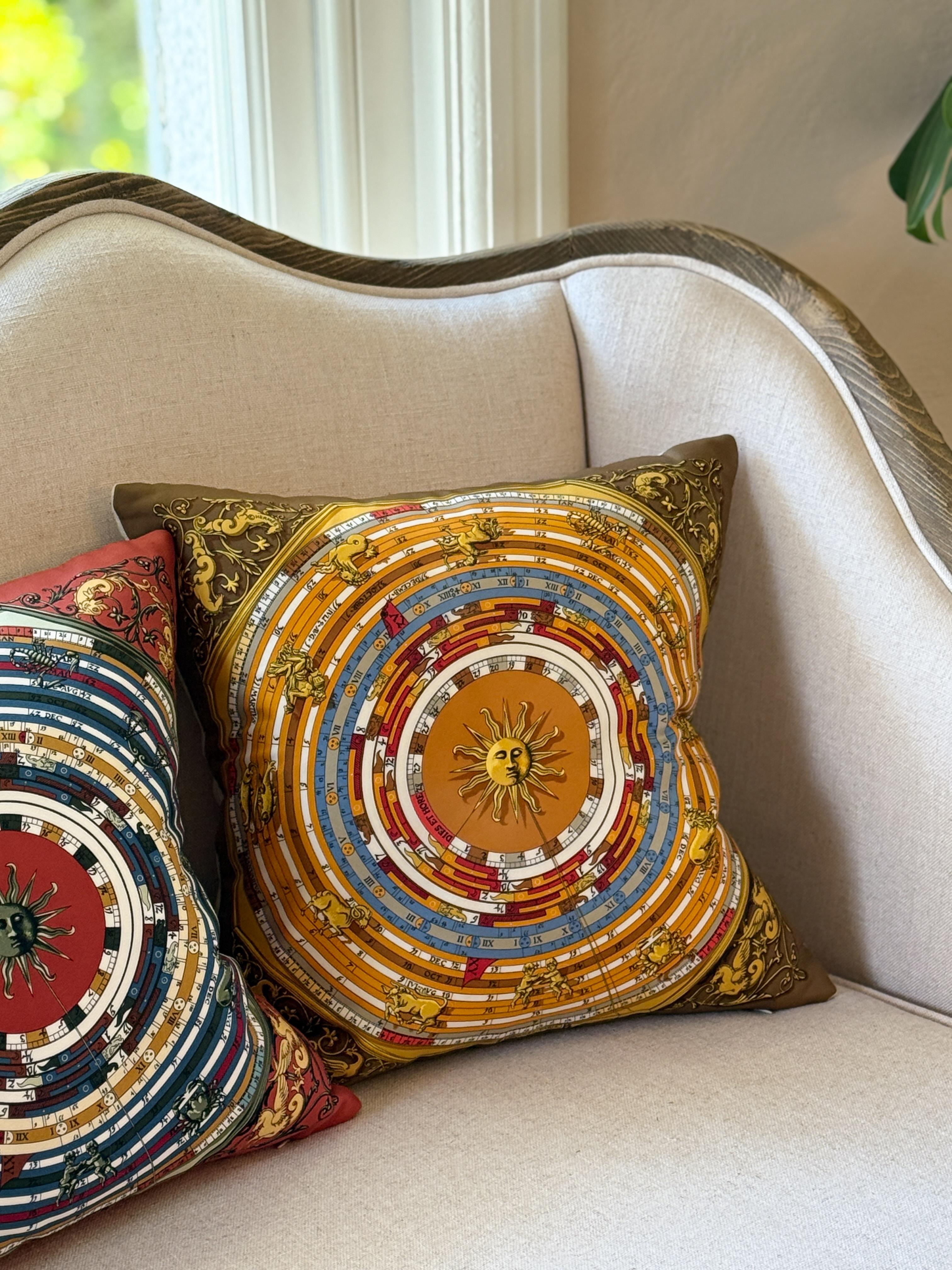 Textile Pair of Vintage Hermes Silk Astrology Scarf Backed in Irish Linen Pillow Brown For Sale