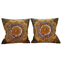 Pair of Vintage Hermes Silk Astrology Scarf Backed in Irish Linen Pillow Brown