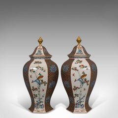 Pair of Vintage Hexagonal Spice Jars, Oriental, Ceramic, Baluster, Urn, Avian