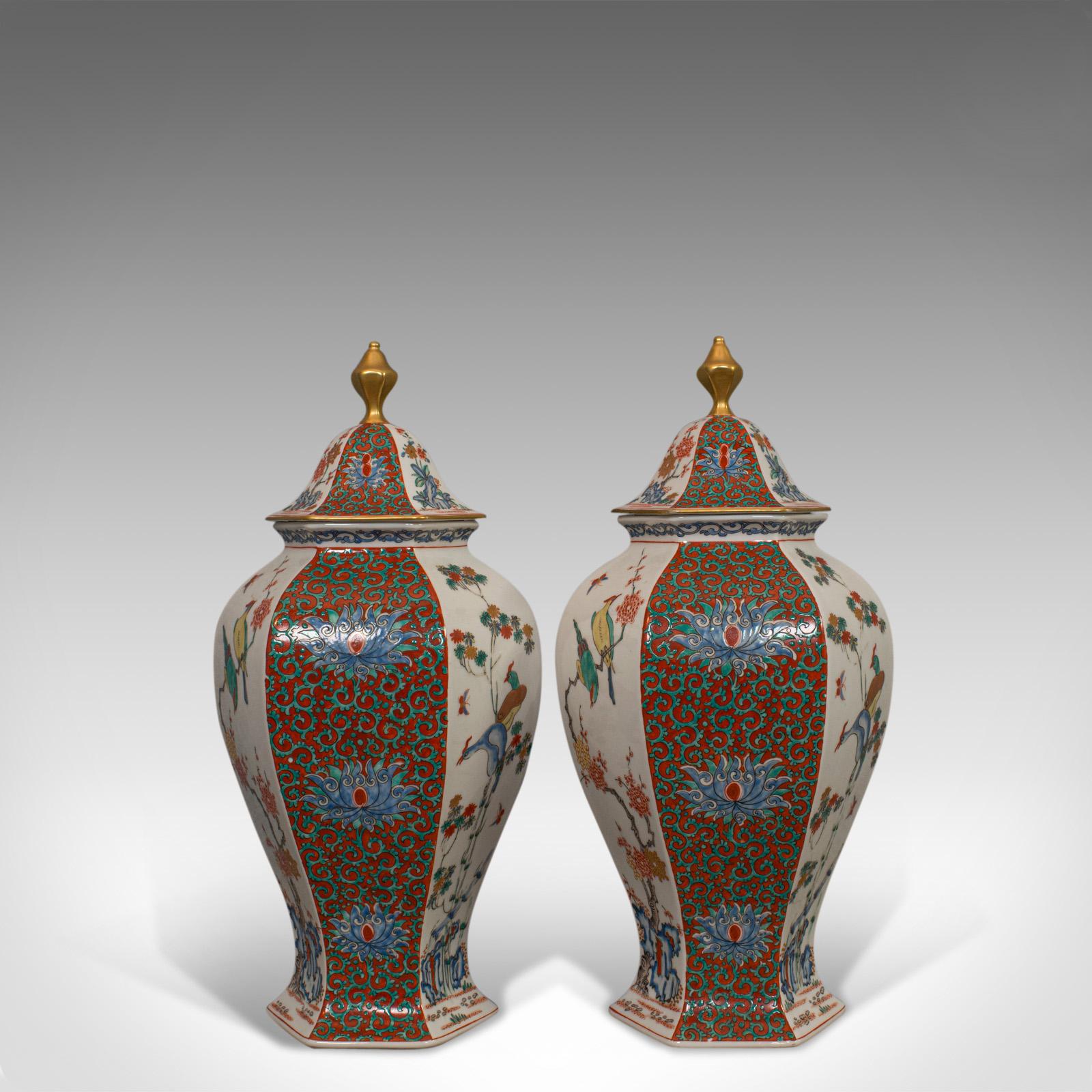 Anglo-Japanese Pair of Vintage Hexagonal Spice Jars, Oriental, Ceramic, Baluster, Urn, Avian For Sale