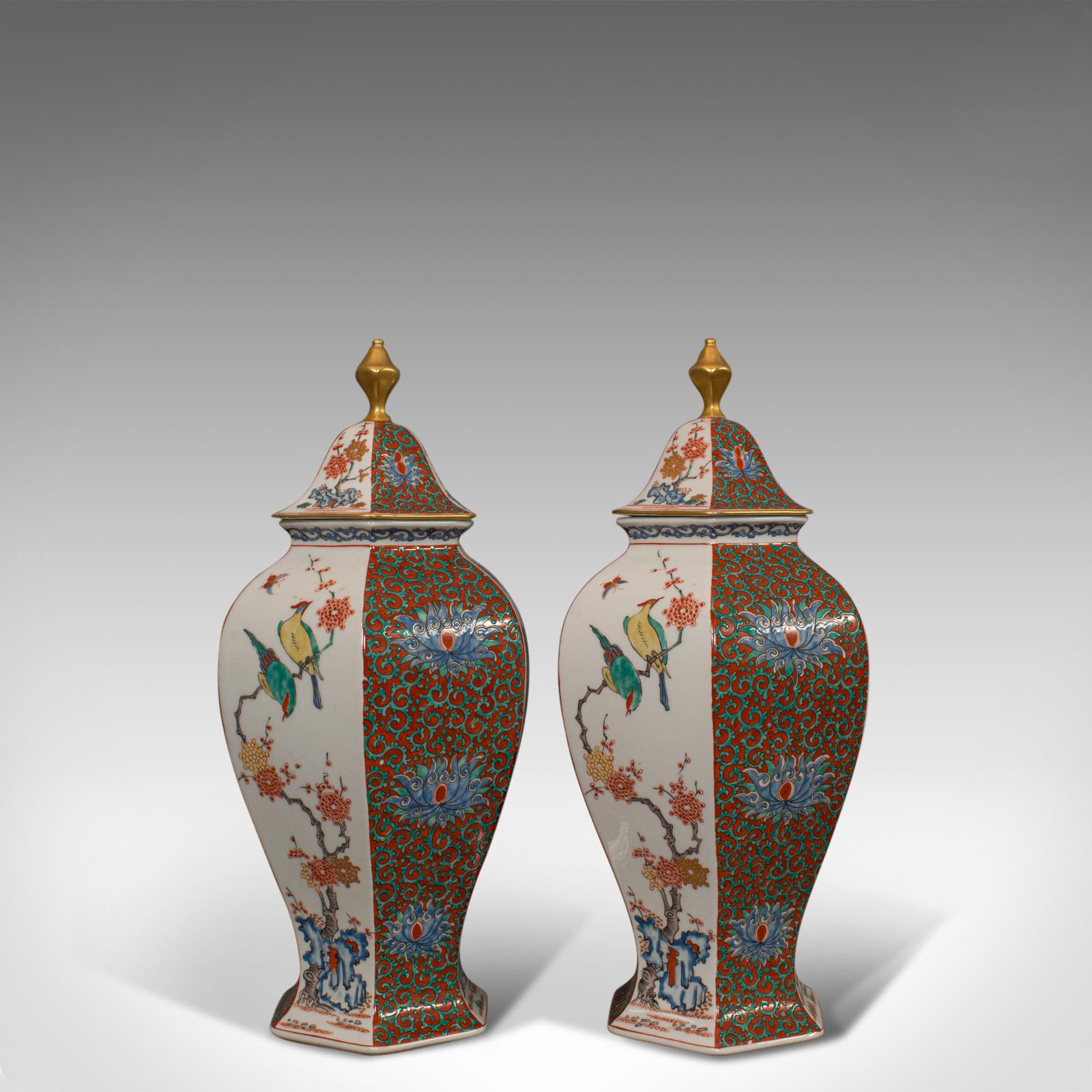 Asian Pair of Vintage Hexagonal Spice Jars, Oriental, Ceramic, Baluster, Urn, Avian For Sale