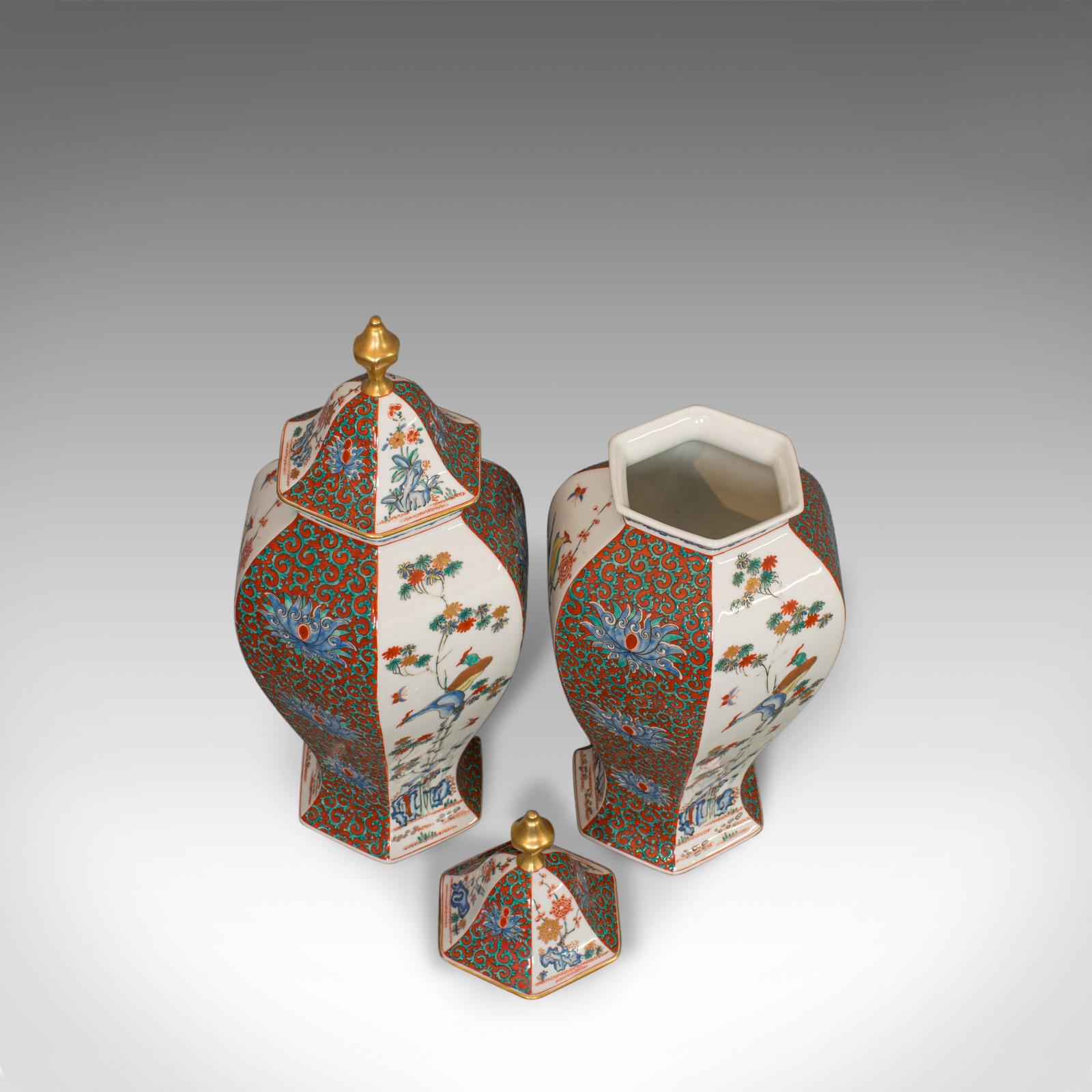 20th Century Pair of Vintage Hexagonal Spice Jars, Oriental, Ceramic, Baluster, Urn, Avian For Sale
