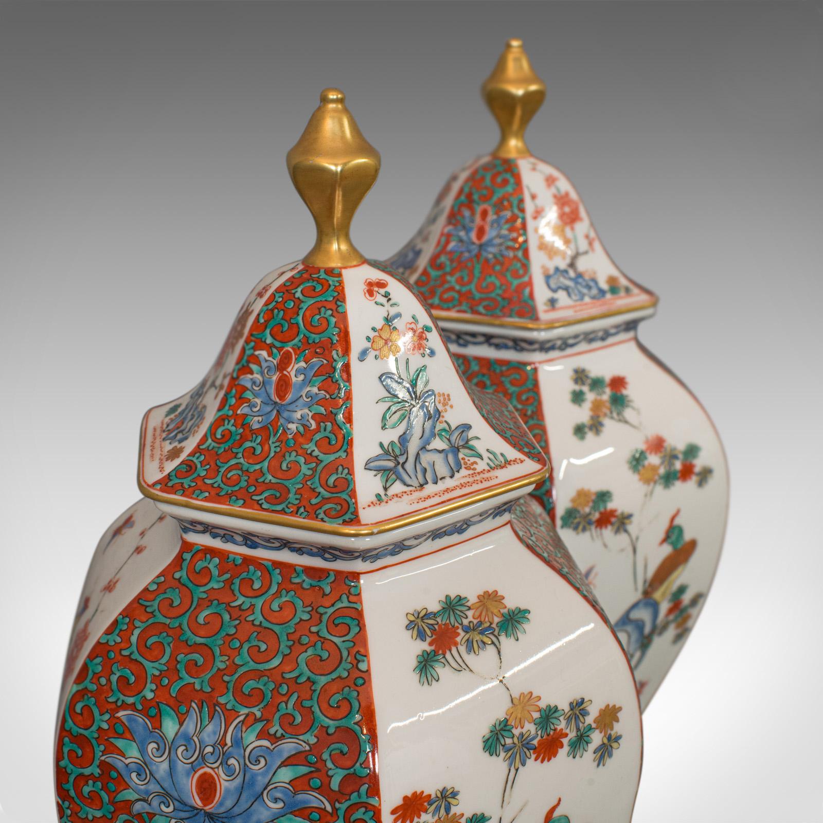Pair of Vintage Hexagonal Spice Jars, Oriental, Ceramic, Baluster, Urn, Avian For Sale 1