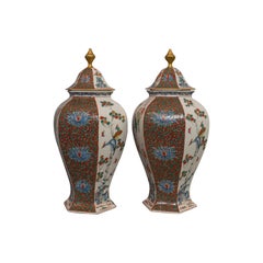 Pair of Vintage Hexagonal Spice Jars, Oriental, Ceramic, Baluster, Urn, Avian