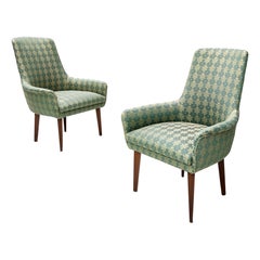 Pair of Vintage High-Quality Green Patterned Fabric and Beech Armchairs, Italy