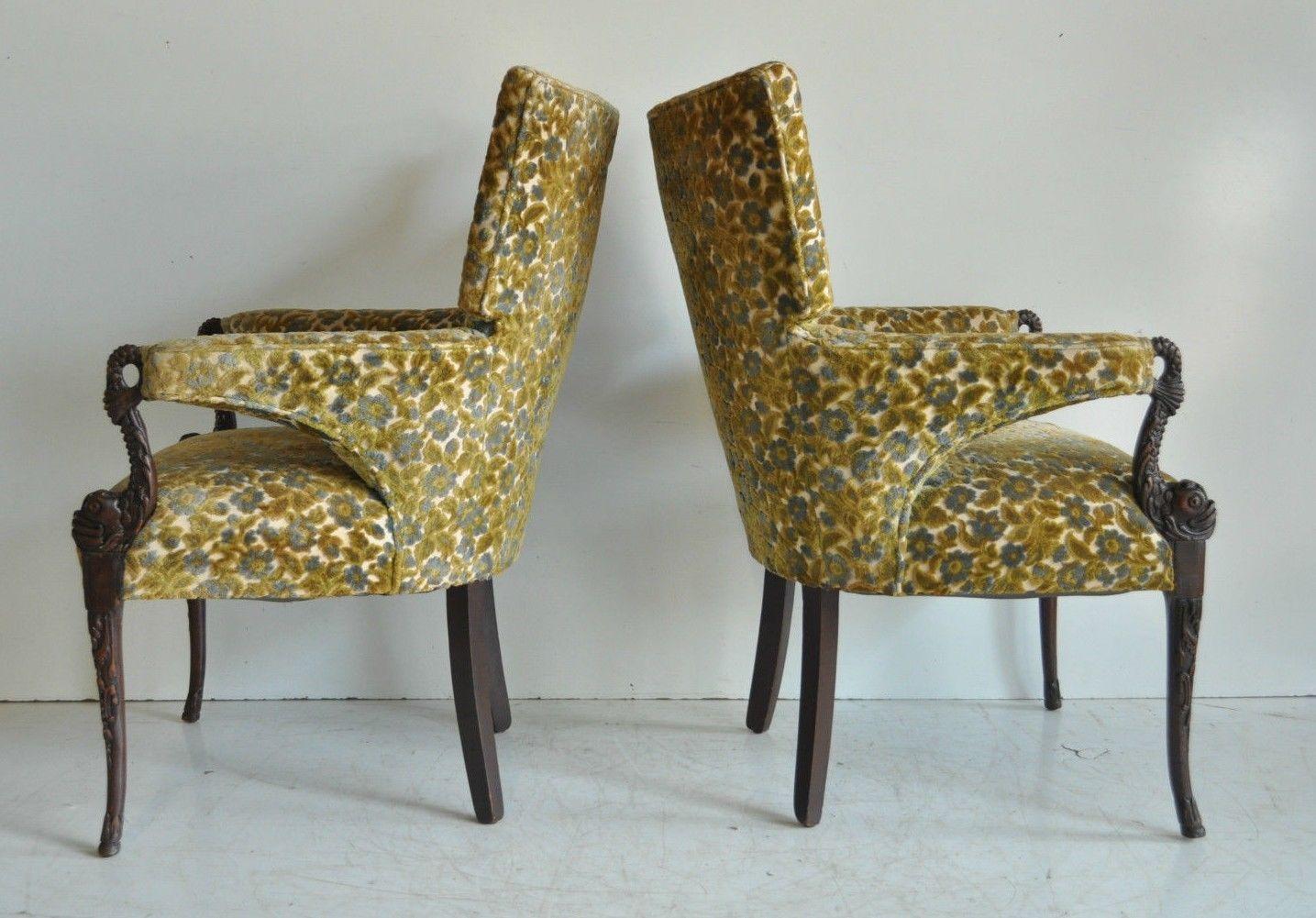 Mid-20th Century Pair of Vintage Hollywood Regency Mahogany Dolphin Serpent Fire Side Armchairs