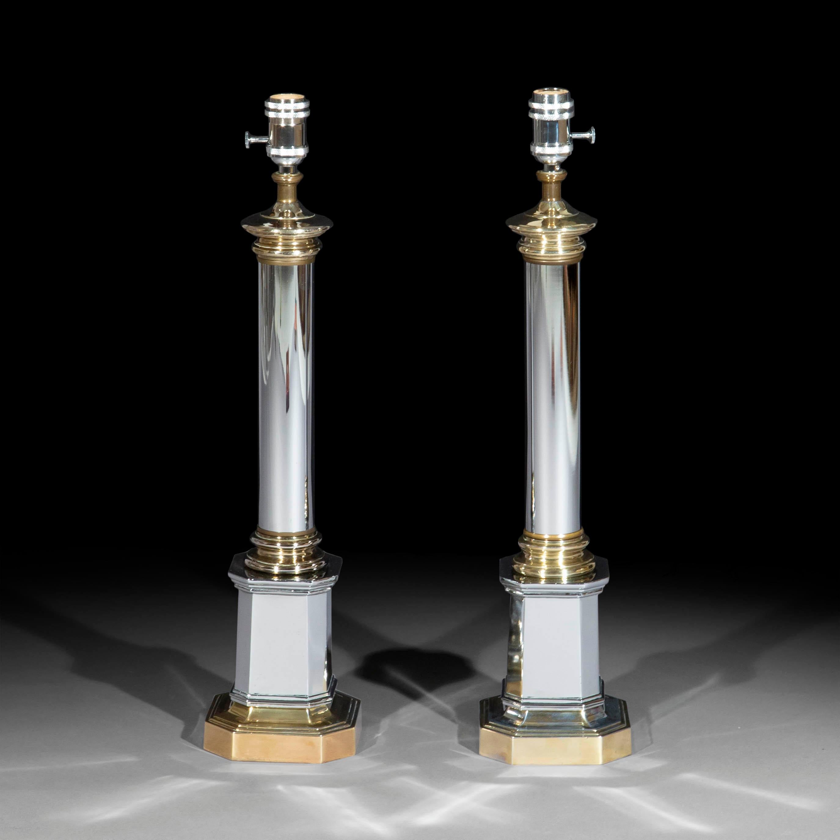 Hollywood Regency Pair of Art Deco Style Polished Chrome Table Lamps For Sale