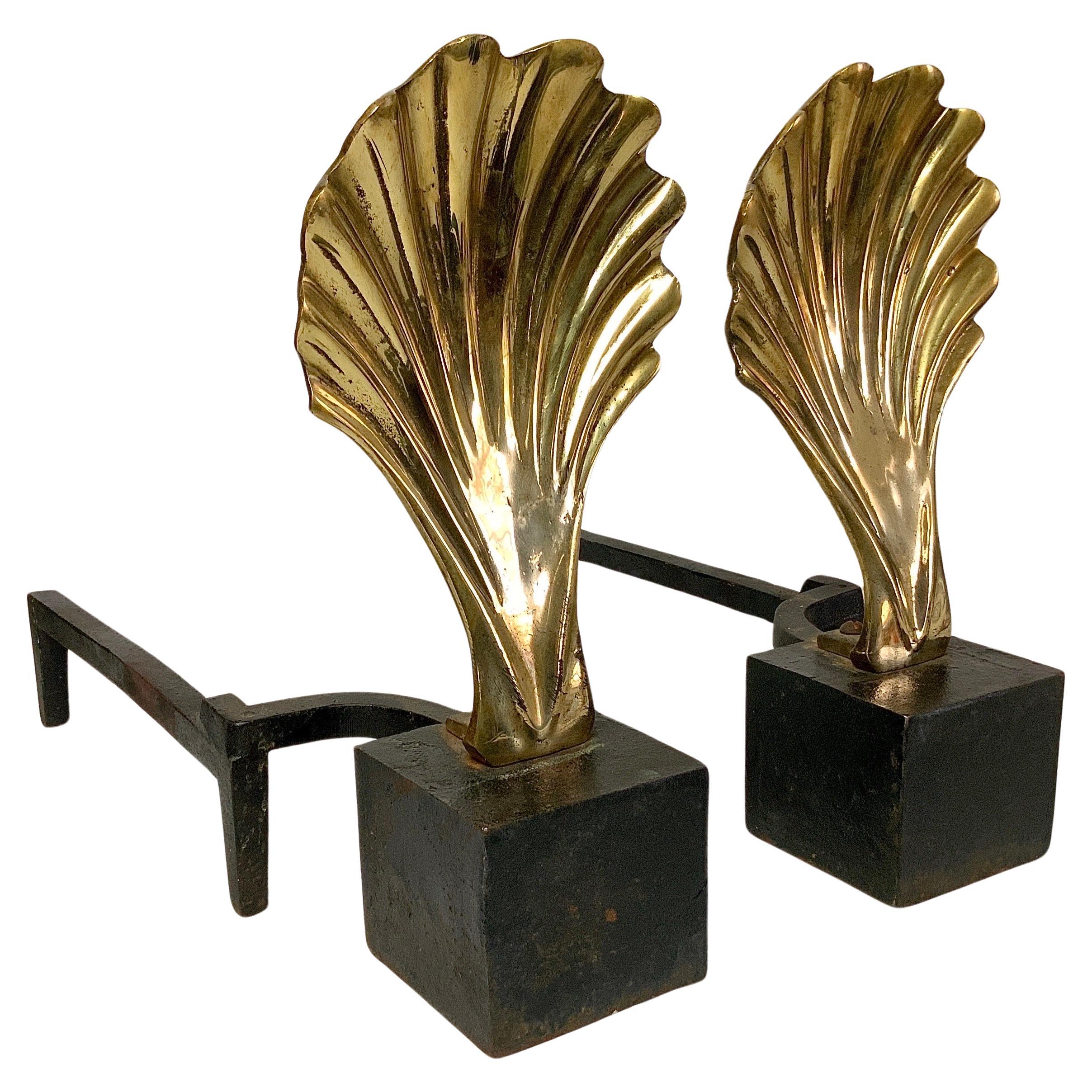 American Pair of Vintage Hollywood Regency Style Brass Shell Andirons For Sale