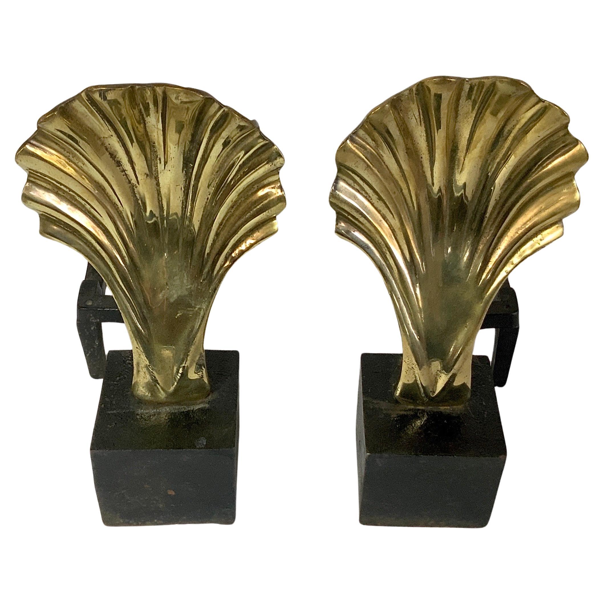 Hand-Crafted Pair of Vintage Hollywood Regency Style Brass Shell Andirons For Sale