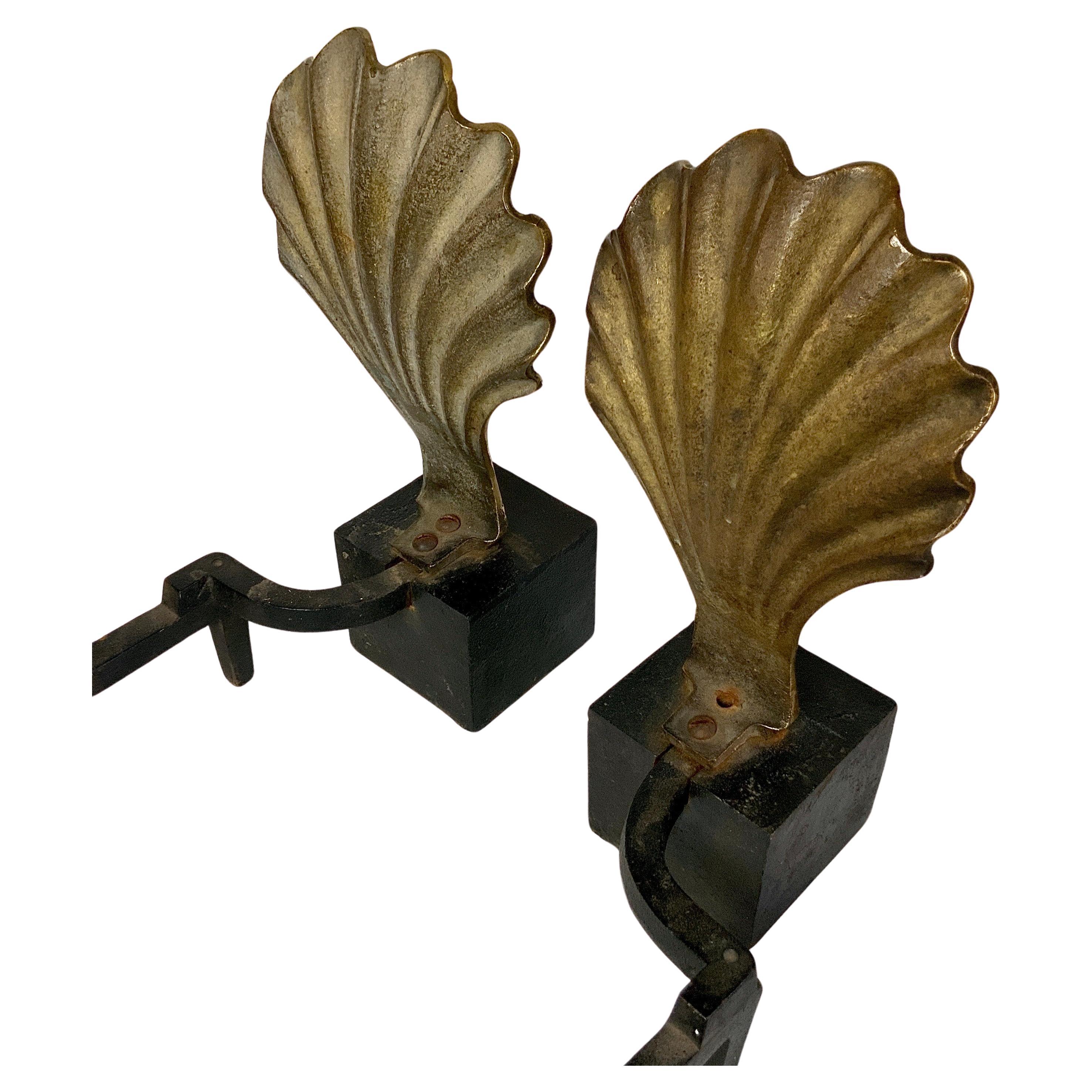 Pair of Vintage Hollywood Regency Style Brass Shell Andirons For Sale 2