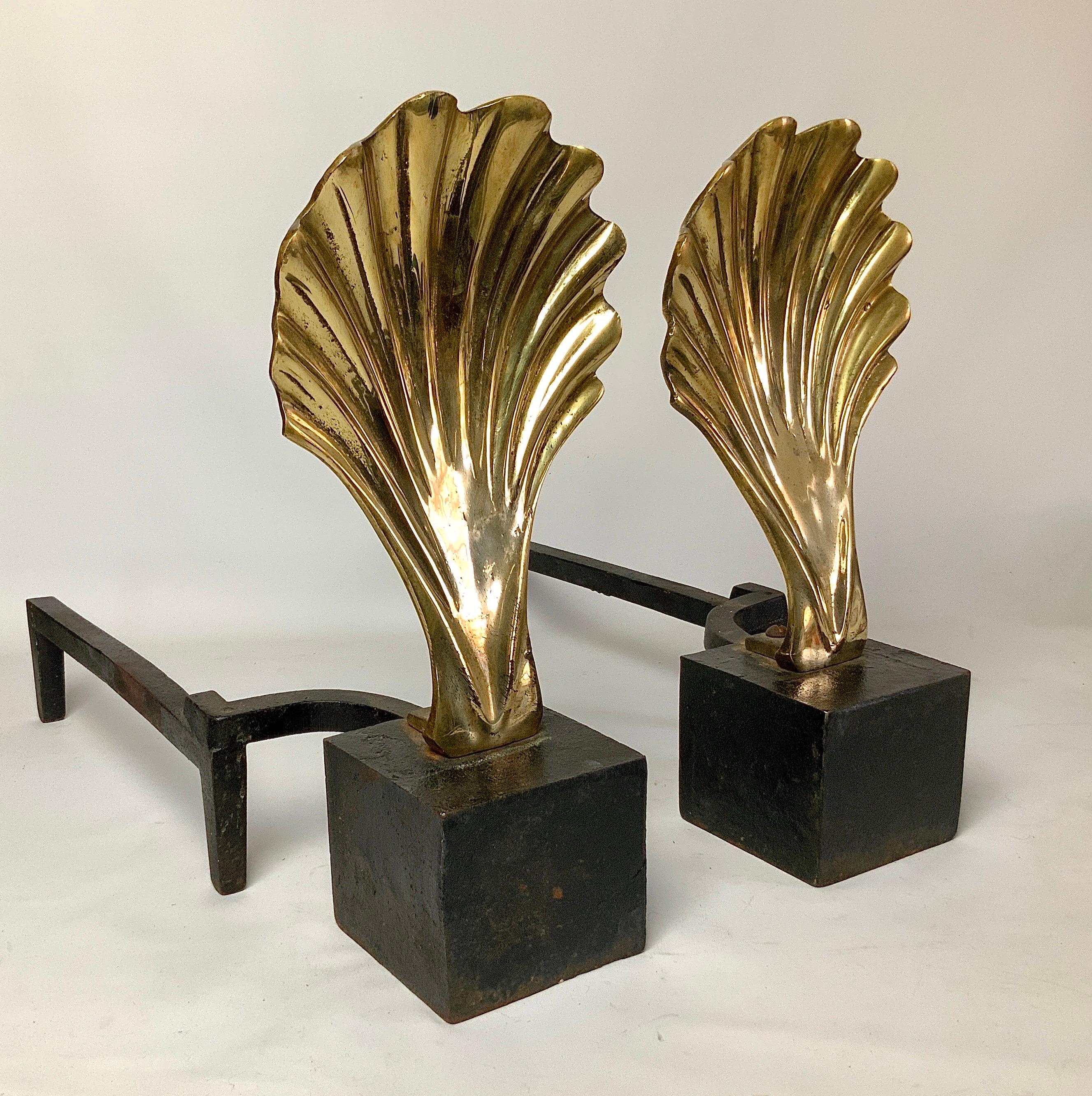 Pair of Vintage Hollywood Regency Style Brass Shell Andirons For Sale 3