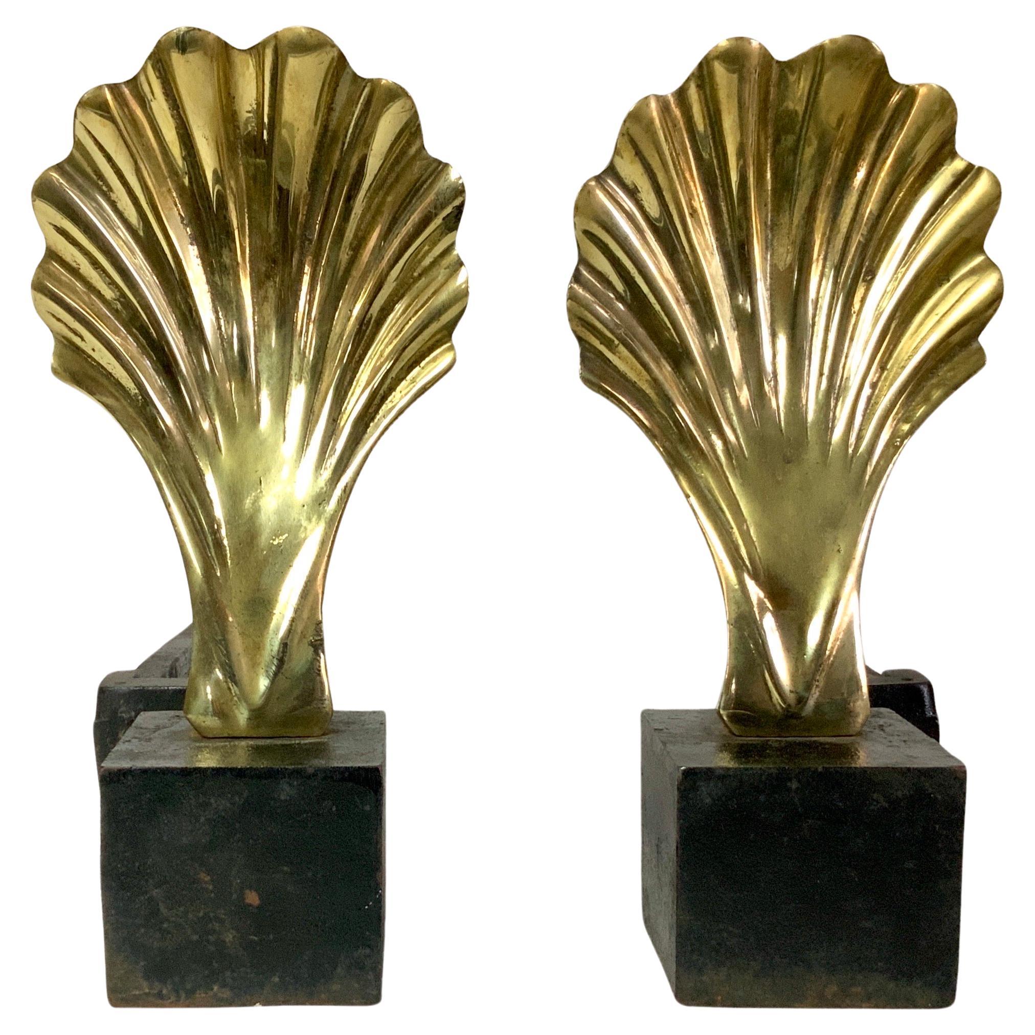 Pair of Vintage Hollywood Regency Style Brass Shell Andirons For Sale