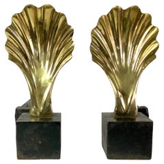 Pair of Retro Hollywood Regency Style Brass Shell Andirons
