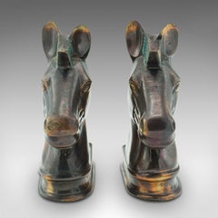 Pair of Vintage Horse Bust Bookends, English, Cast Brass, Decorative, Novel Rest