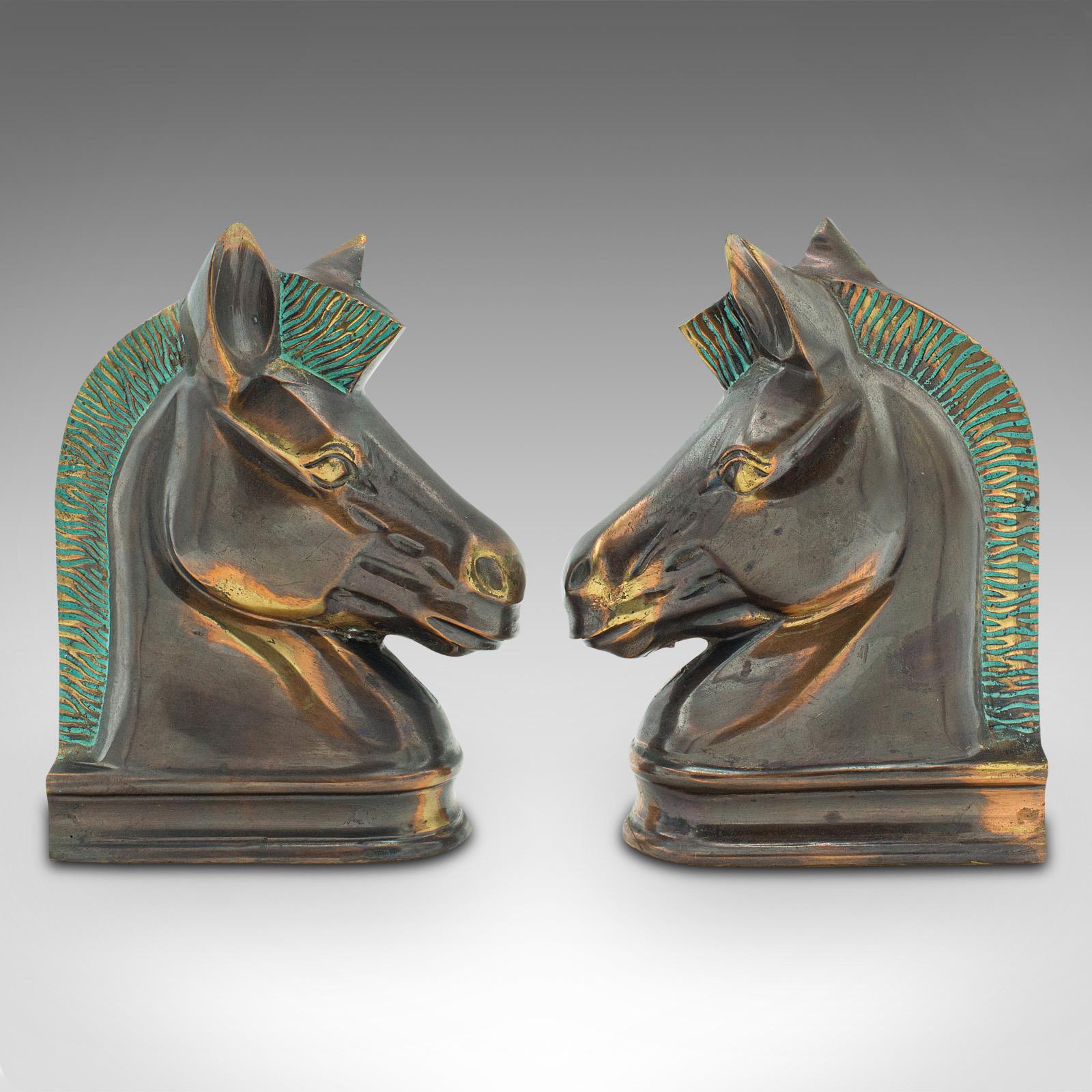 British Pair of Vintage Horse Bust Bookends, English, Cast Brass, Decorative, Novel Rest For Sale