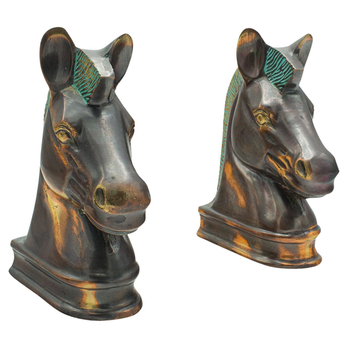 Paar Pferdebüste-Buchstützen im Vintage-Stil, englisch, gegossenes Messing, dekorativ, neuartig