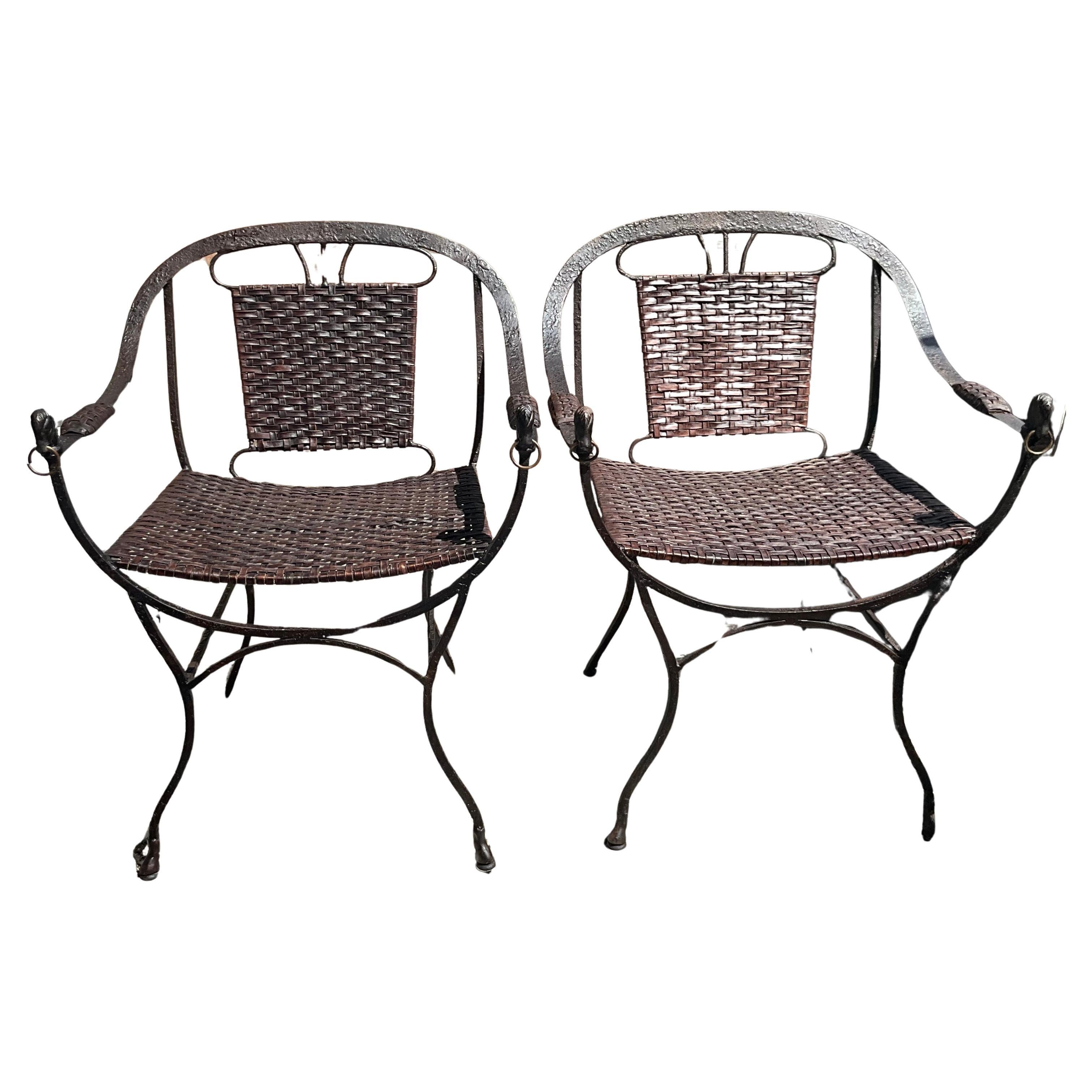 Hollywood Regency Pair of Vintage Horse Head Iron and Leather Strap Chairs, MCM (Two Pairs Avail en vente