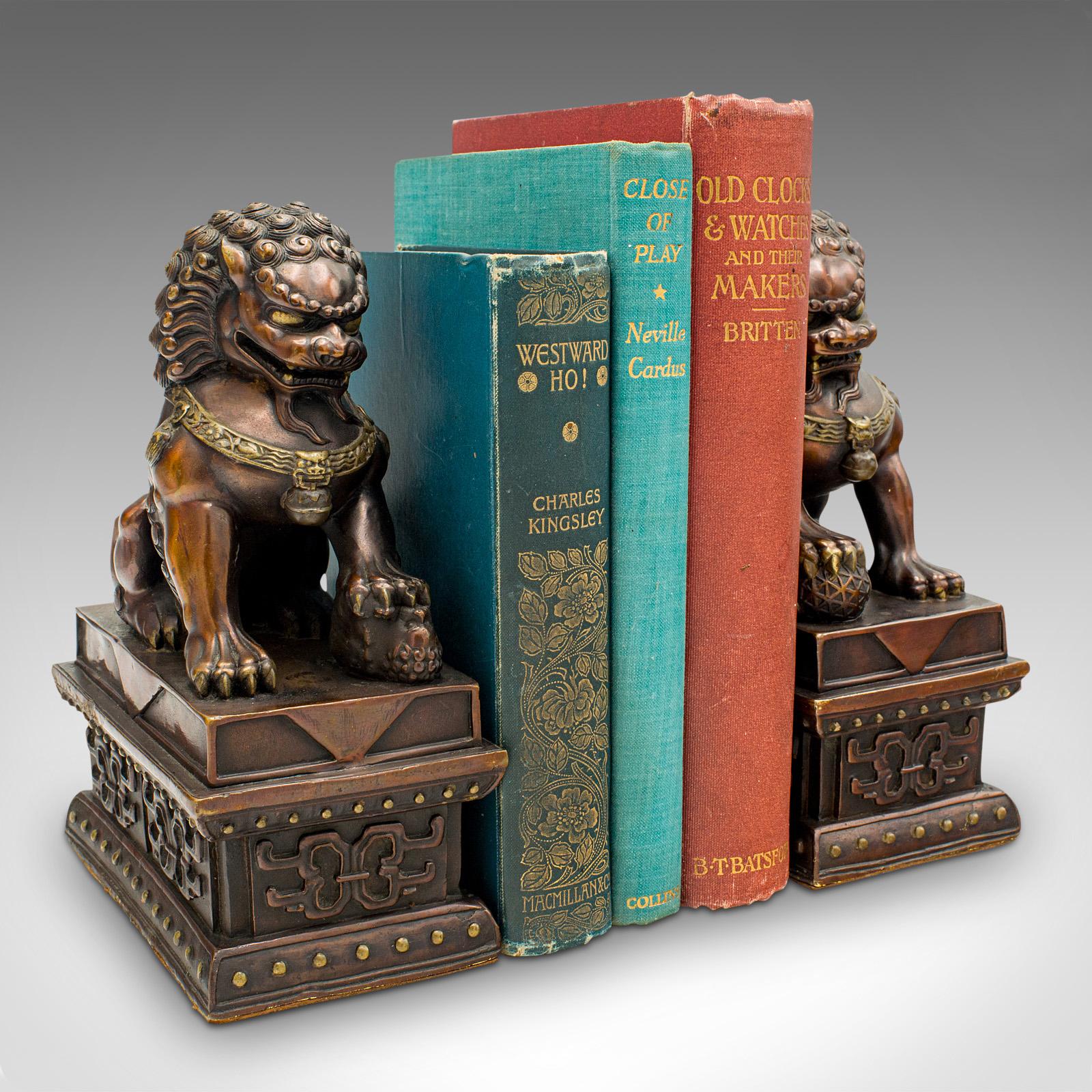 Pair Of Vintage Imperial Lion Statues, Chinese, Bronze, Bookends, Art Deco, 1940 8
