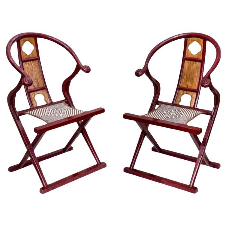 Pair of Vintage in the Style of Chinese Horseshoe Wooden Folding Chairs For Sale