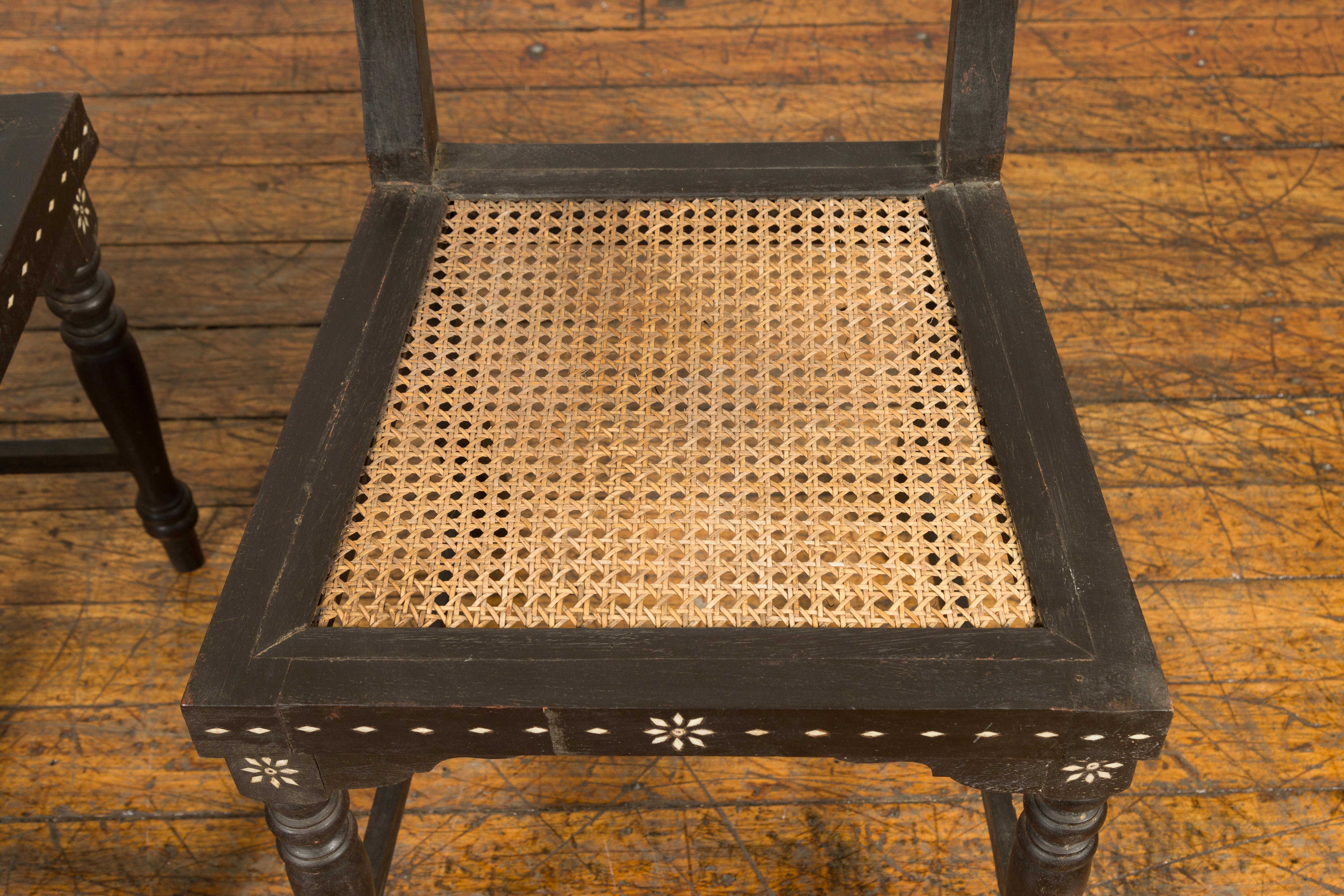 Pair of  Vintage Indian Black Stained Side Chairs with Mother of Pearl Inlay 5