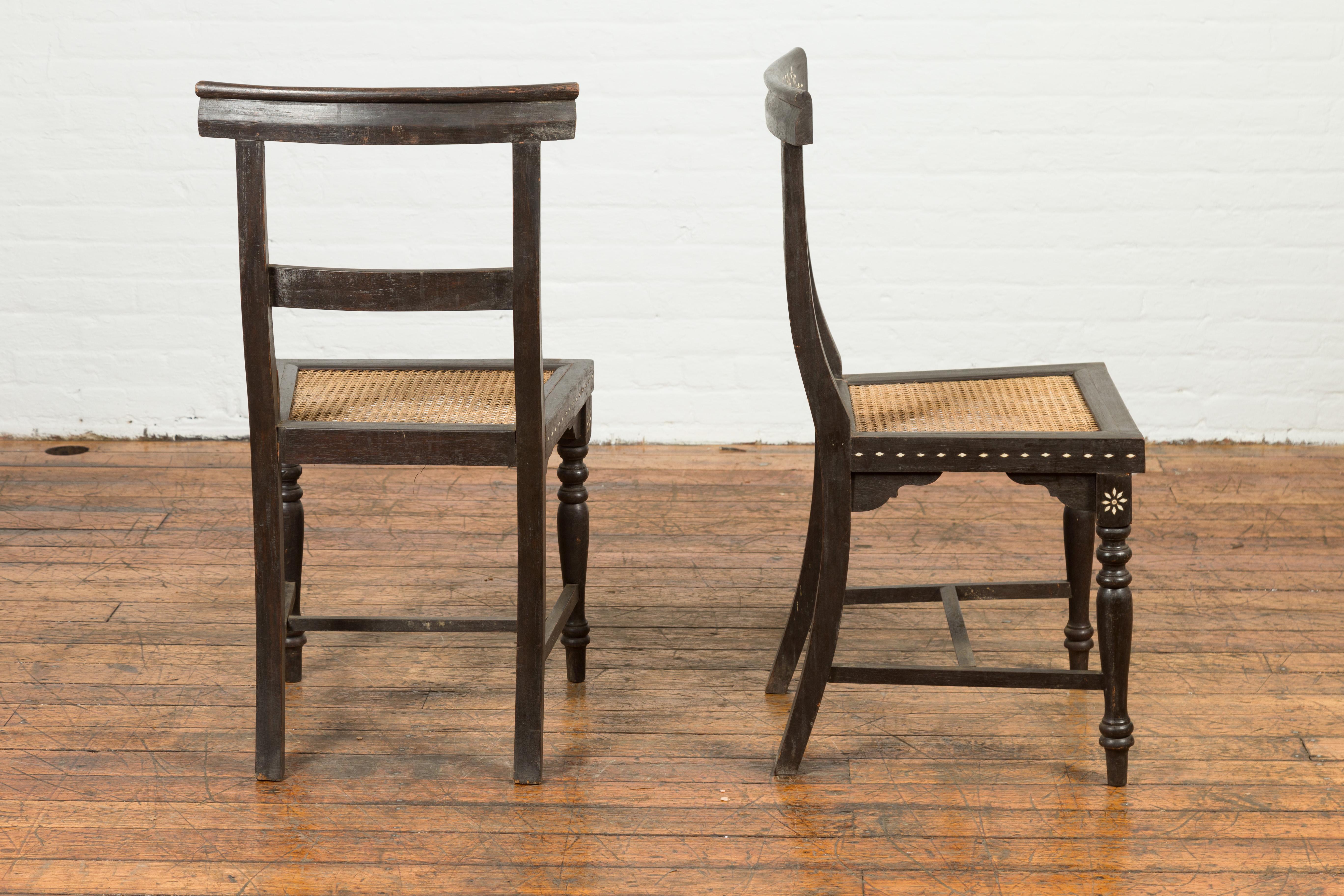 Pair of  Vintage Indian Black Stained Side Chairs with Mother of Pearl Inlay 6