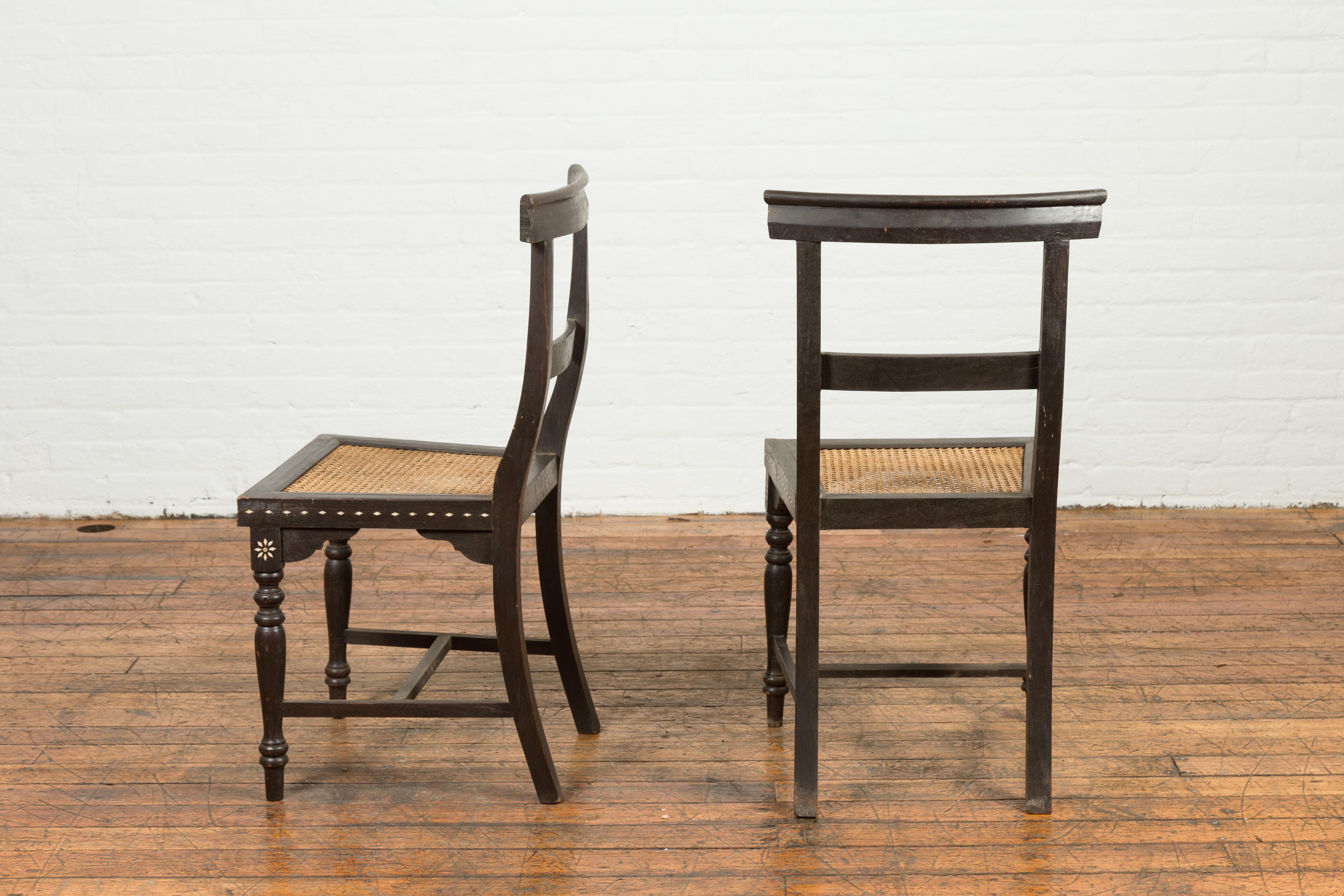 Pair of  Vintage Indian Black Stained Side Chairs with Mother of Pearl Inlay 8