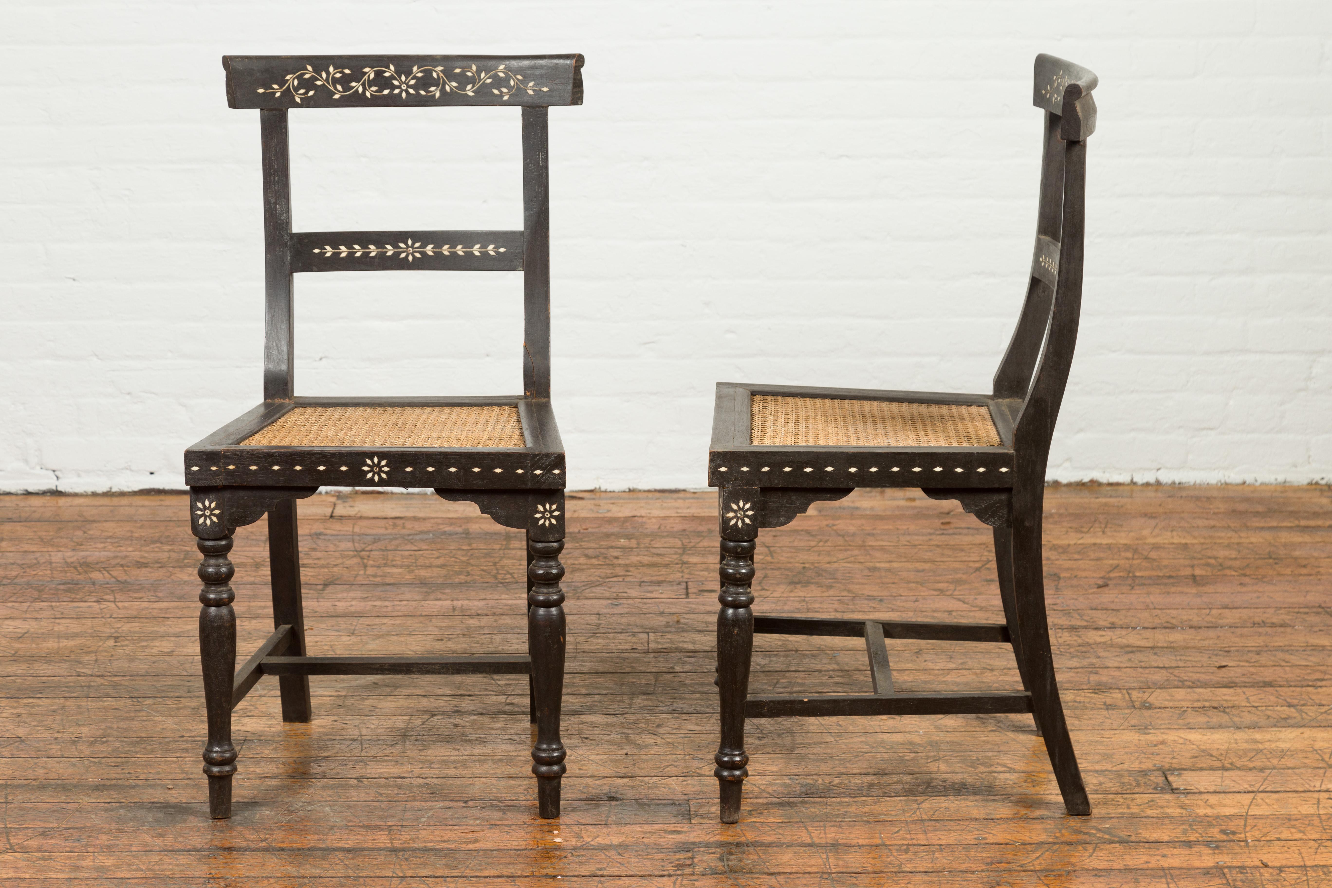 Pair of  Vintage Indian Black Stained Side Chairs with Mother of Pearl Inlay 9