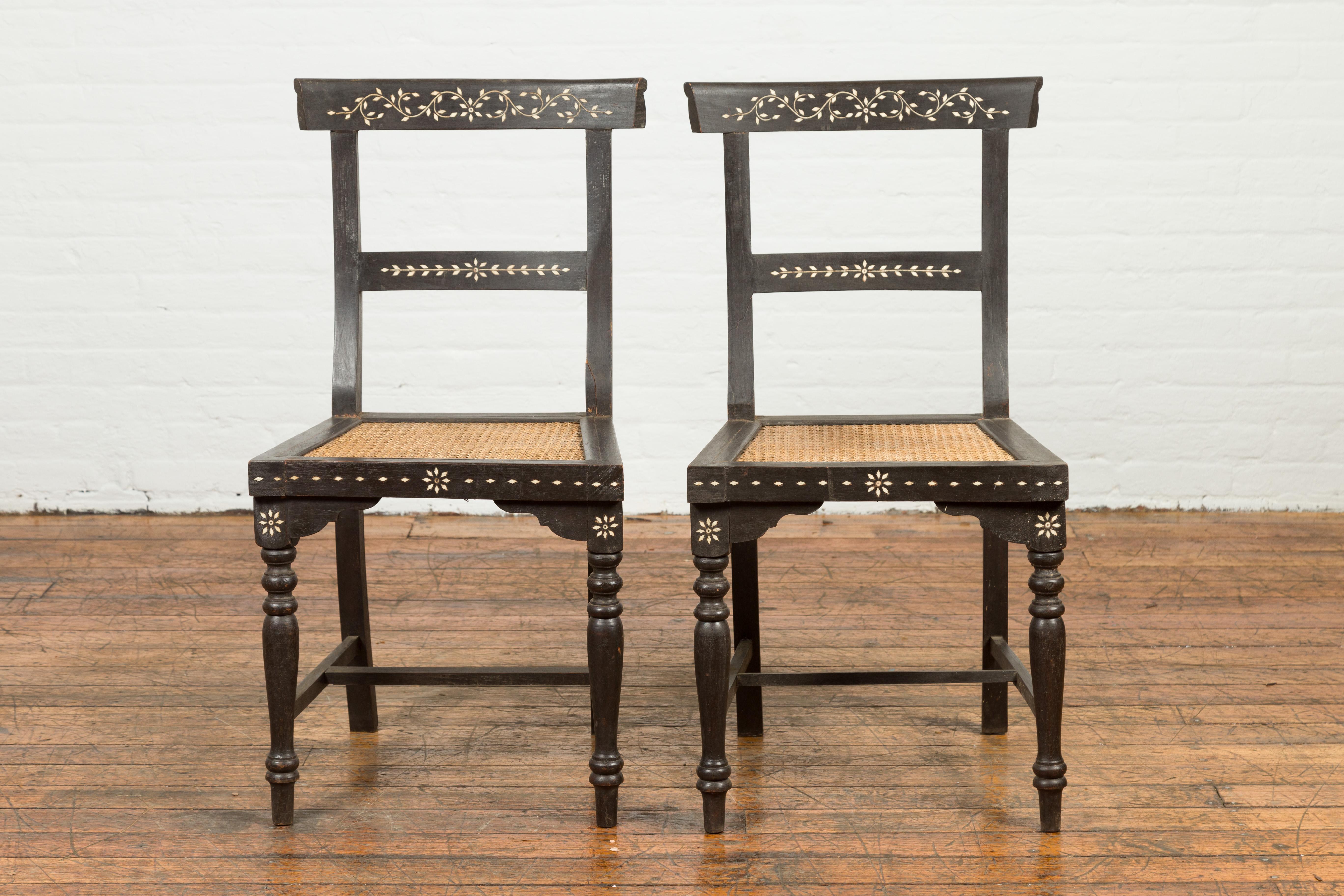 Pair of  Vintage Indian Black Stained Side Chairs with Mother of Pearl Inlay 10