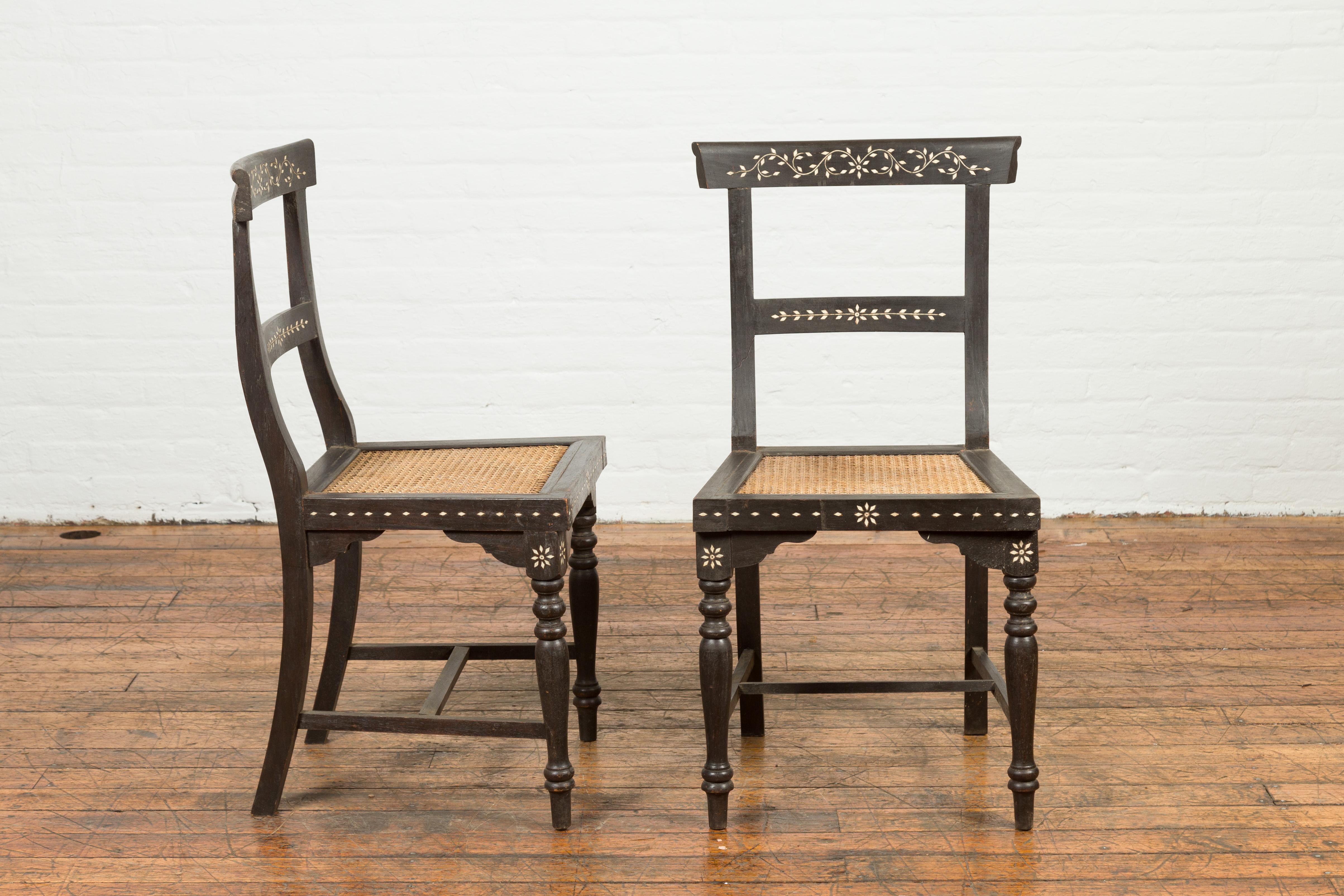 20th Century Pair of  Vintage Indian Black Stained Side Chairs with Mother of Pearl Inlay