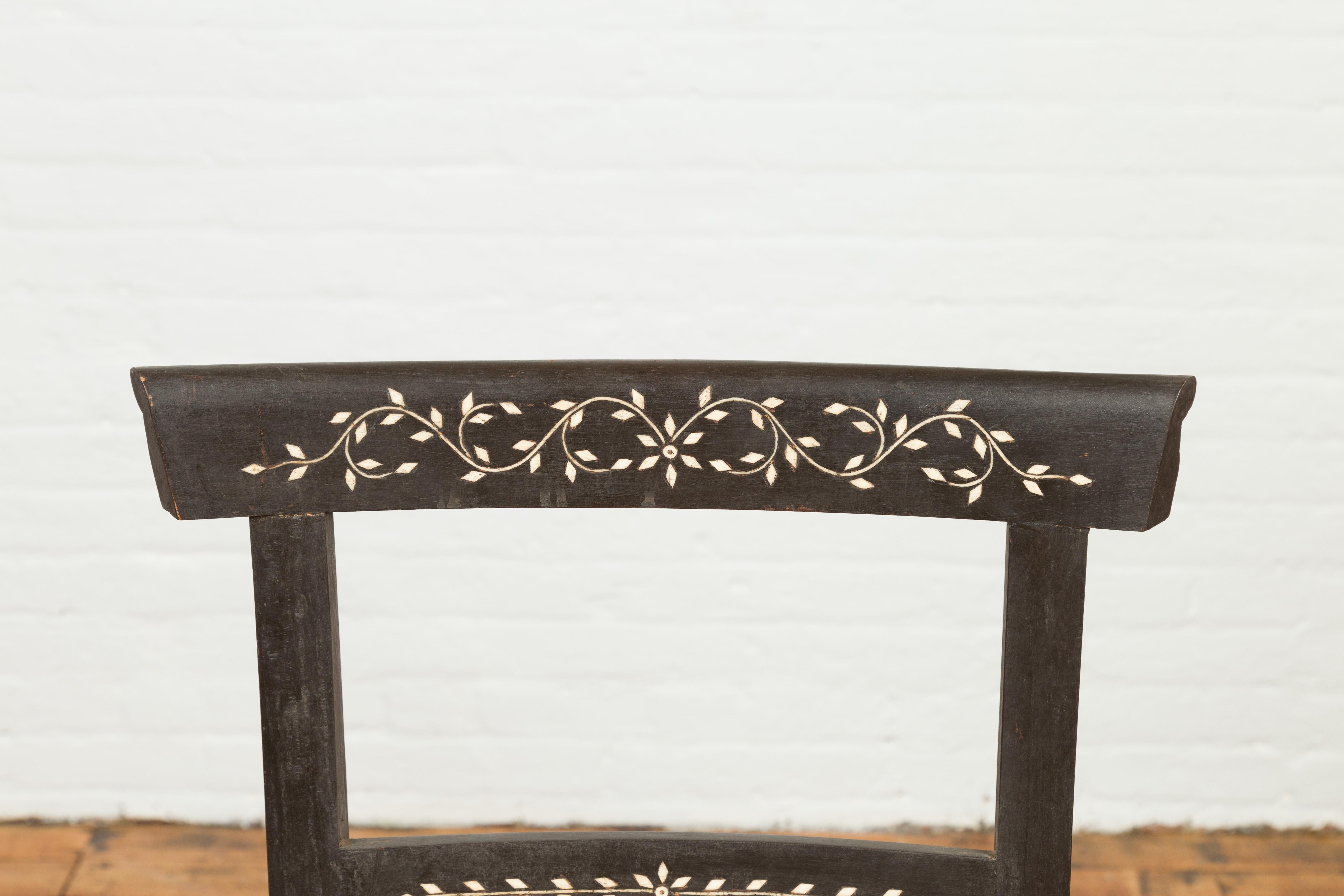 Rattan Pair of  Vintage Indian Black Stained Side Chairs with Mother of Pearl Inlay