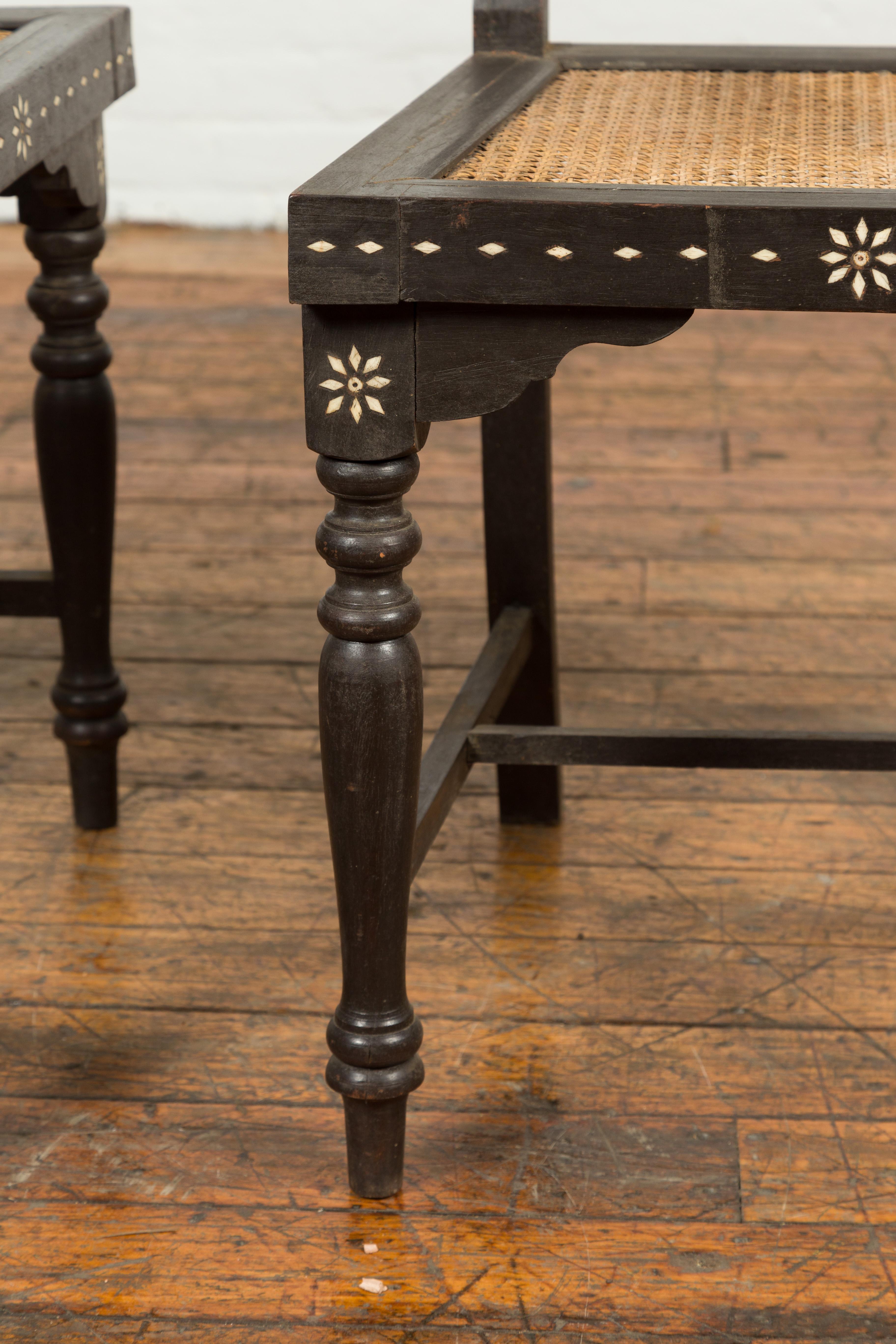 Pair of  Vintage Indian Black Stained Side Chairs with Mother of Pearl Inlay 2