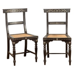 Pair of Vintage Indian Black Stained Side Chairs with Mother of Pearl Inlay