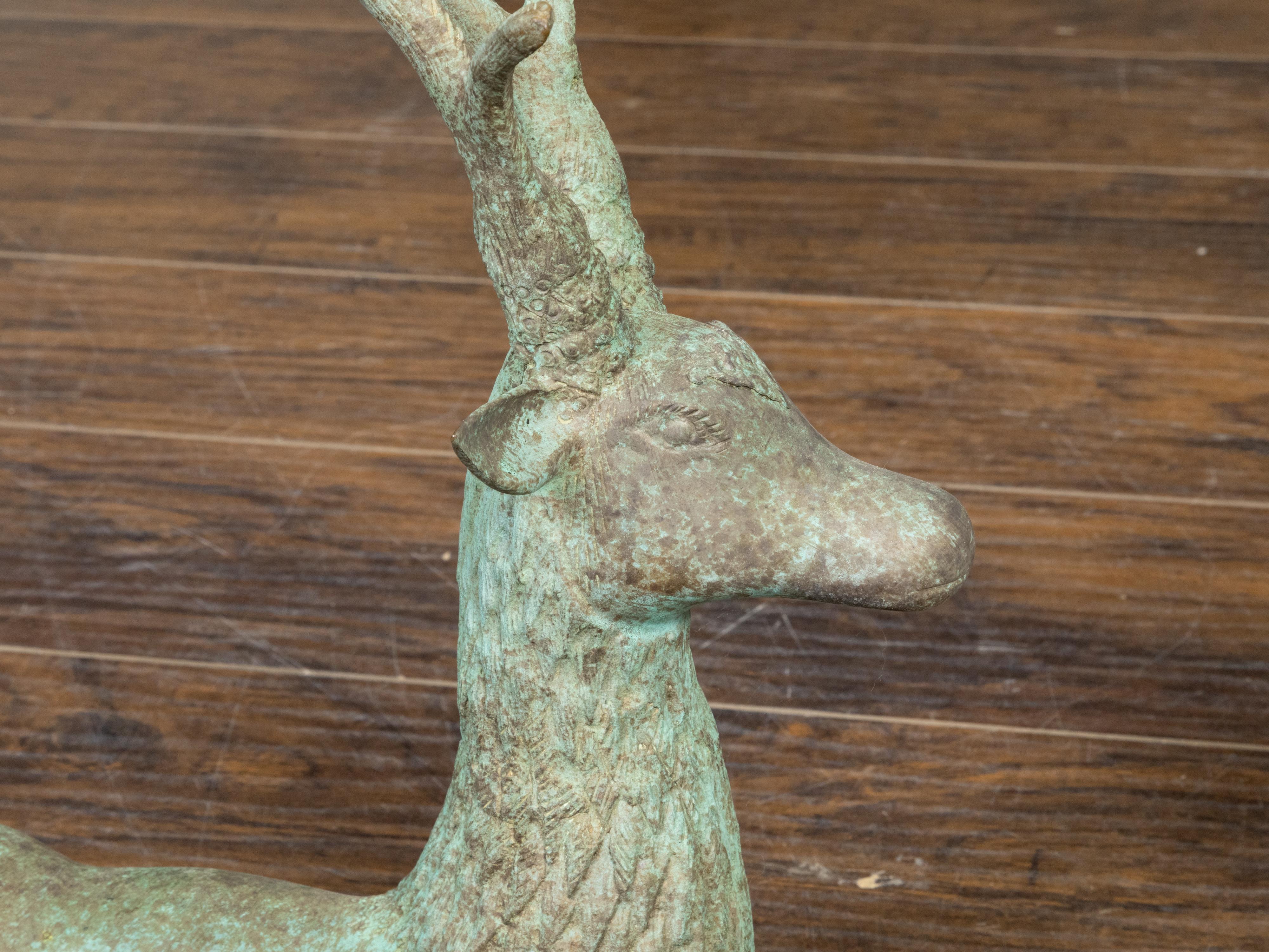 Pair of Vintage Indian Bronze Deer Garden Sculptures with Verdigris Patina For Sale 3