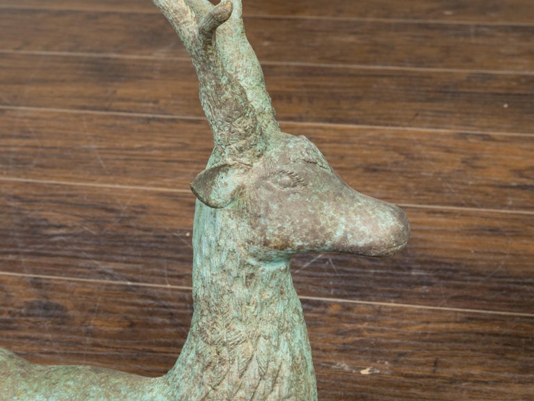 Pair of Vintage Indian Bronze Deer Garden Sculptures with Verdigris Patina For Sale 6