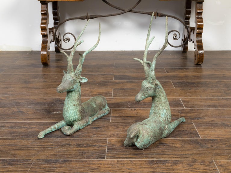 Patinated Pair of Vintage Indian Bronze Deer Garden Sculptures with Verdigris Patina For Sale