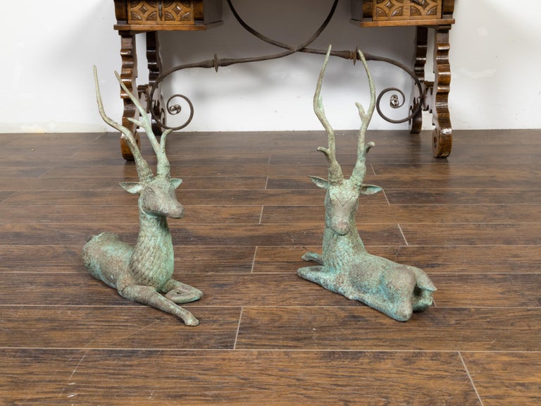 Pair of Vintage Indian Bronze Deer Garden Sculptures with Verdigris Patina For Sale 1