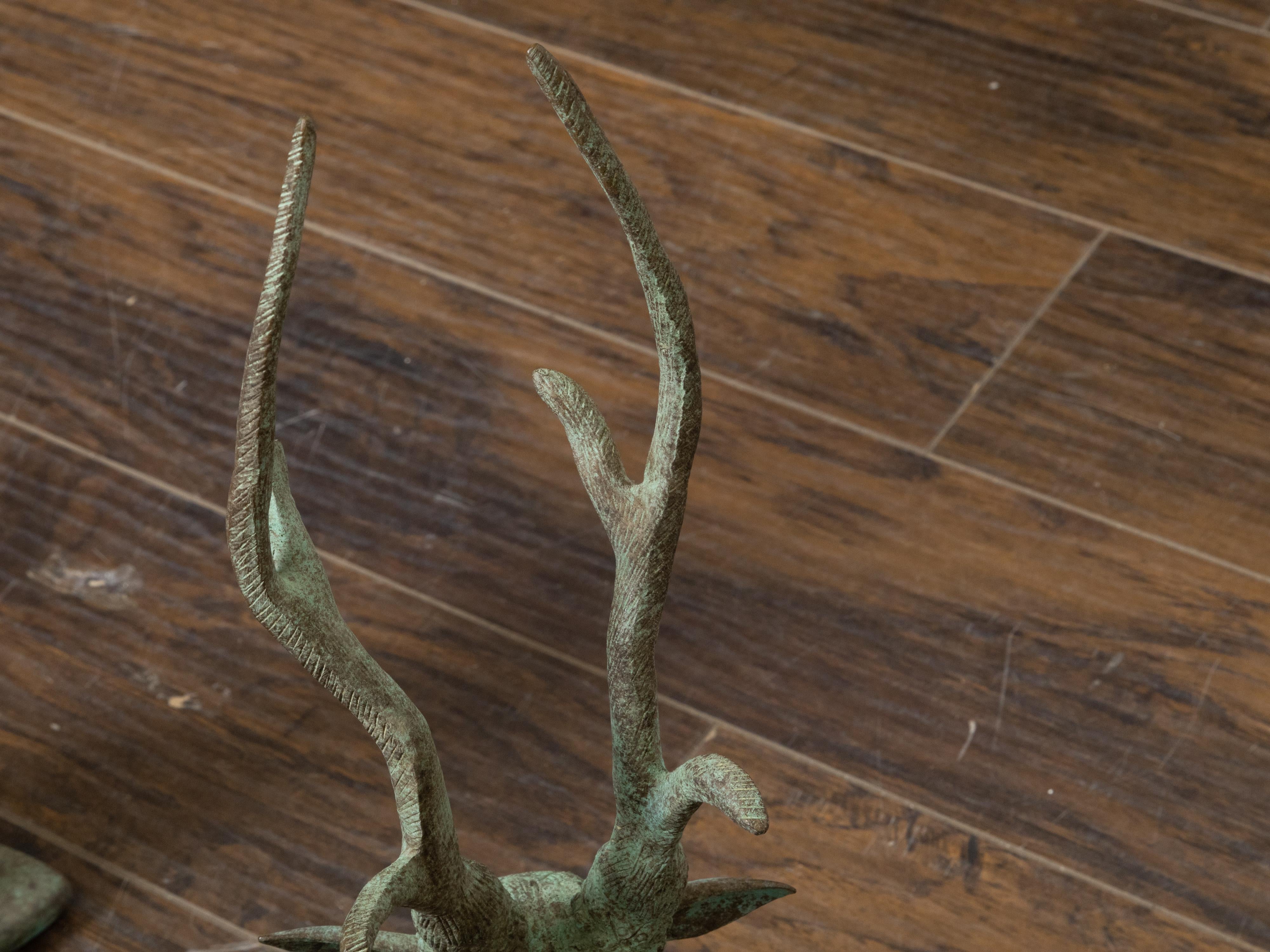 Pair of Vintage Indian Bronze Deer Garden Sculptures with Verdigris Patina In Good Condition For Sale In Atlanta, GA