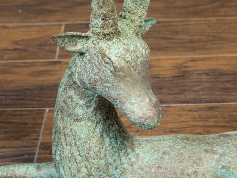 Pair of Vintage Indian Bronze Deer Garden Sculptures with Verdigris Patina For Sale 3