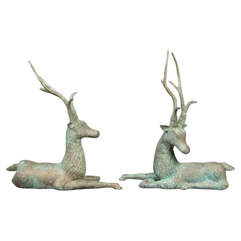 Pair of Vintage Indian Bronze Deer Garden Sculptures with Verdigris Patina For Sale