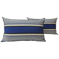 Pair of Vintage Indigo and White Stripes Lumbar Decorative Pillows