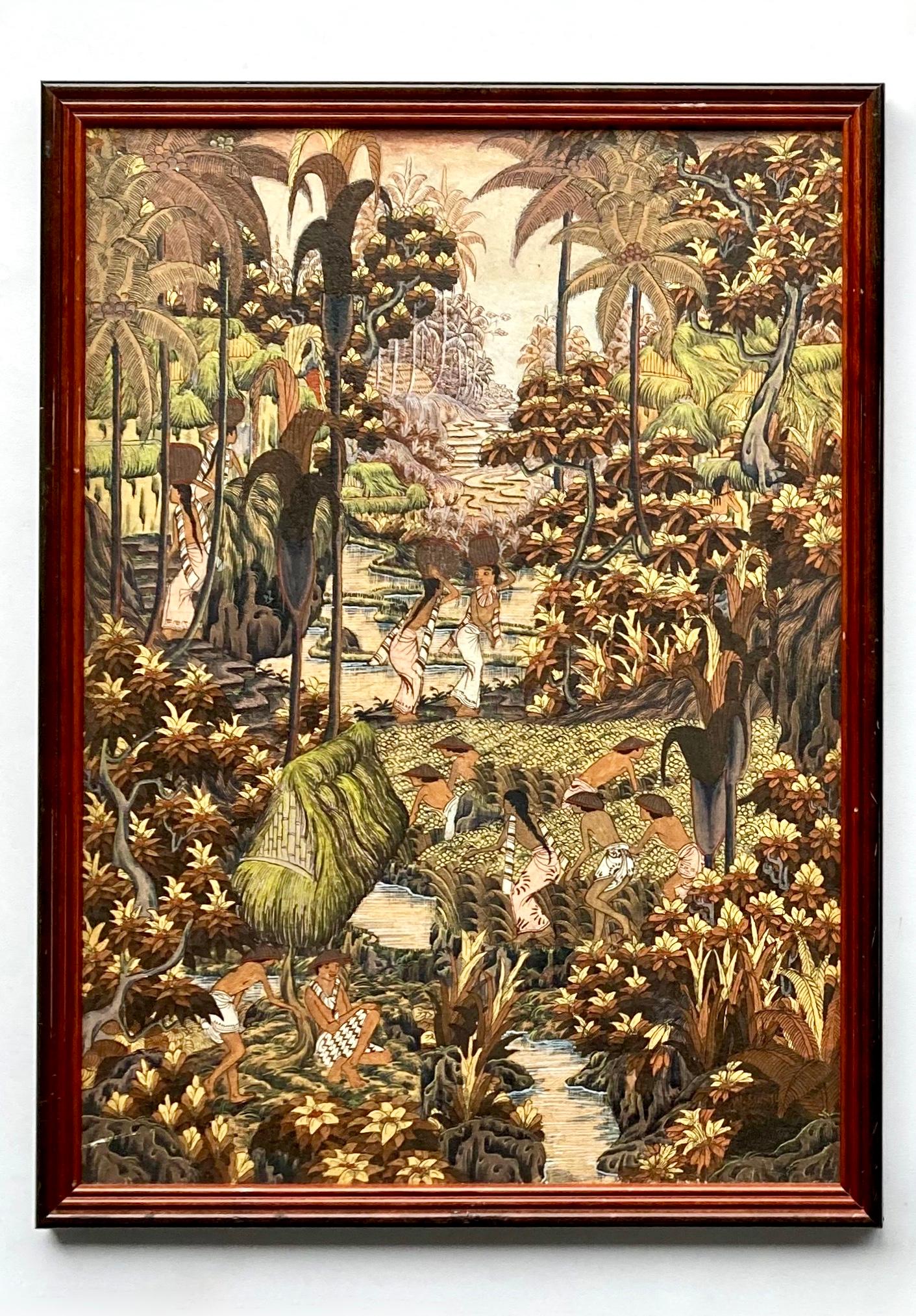Due fantastici dipinti vintage dell'Indonesia in stile tradizionale balinese. Uno dei dipinti è firmato dall'artista, W. Suaridi, in basso a sinistra (vedi foto). Entrambi i dipinti dimostrano un impressionante livello di abilità tecnica e di