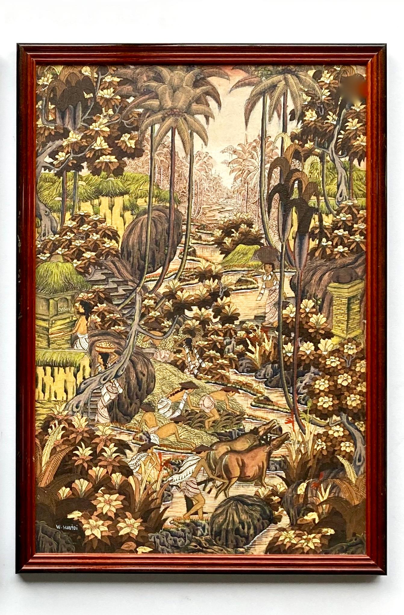 Arte popolare Coppia di dipinti indonesiani/balinesi d'epoca dell'artista W. Suaridi in vendita