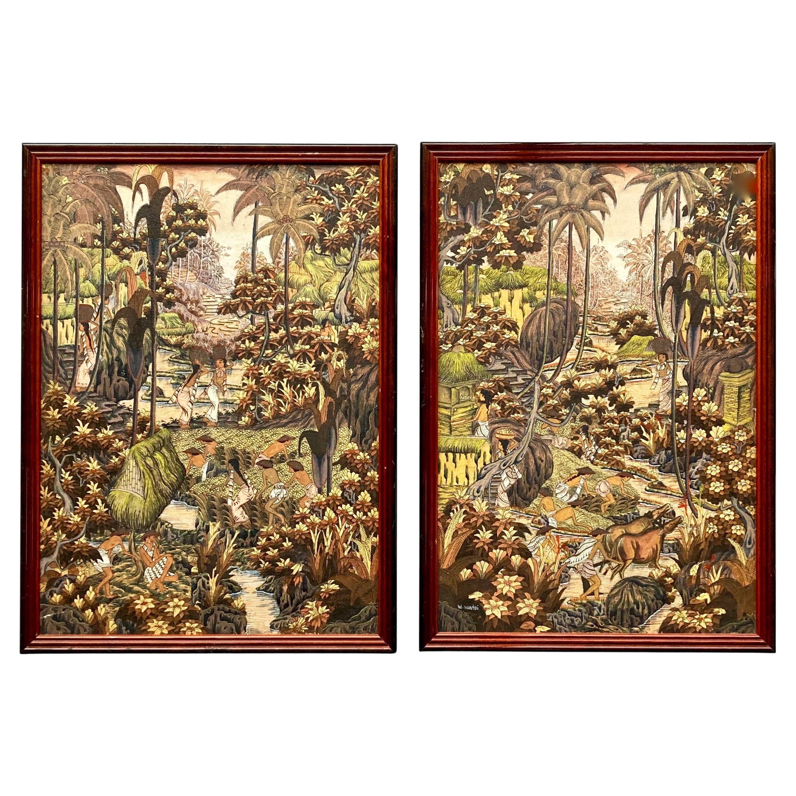 Pair of Vintage Indonesian/Balinese Paintings by Artist W. Suaridi