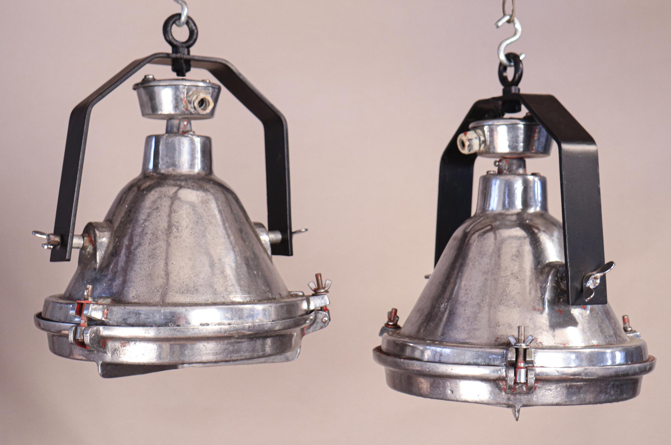 Pair of Vintage Industrial Aluminum Pendant Lights In Good Condition In Heath, MA