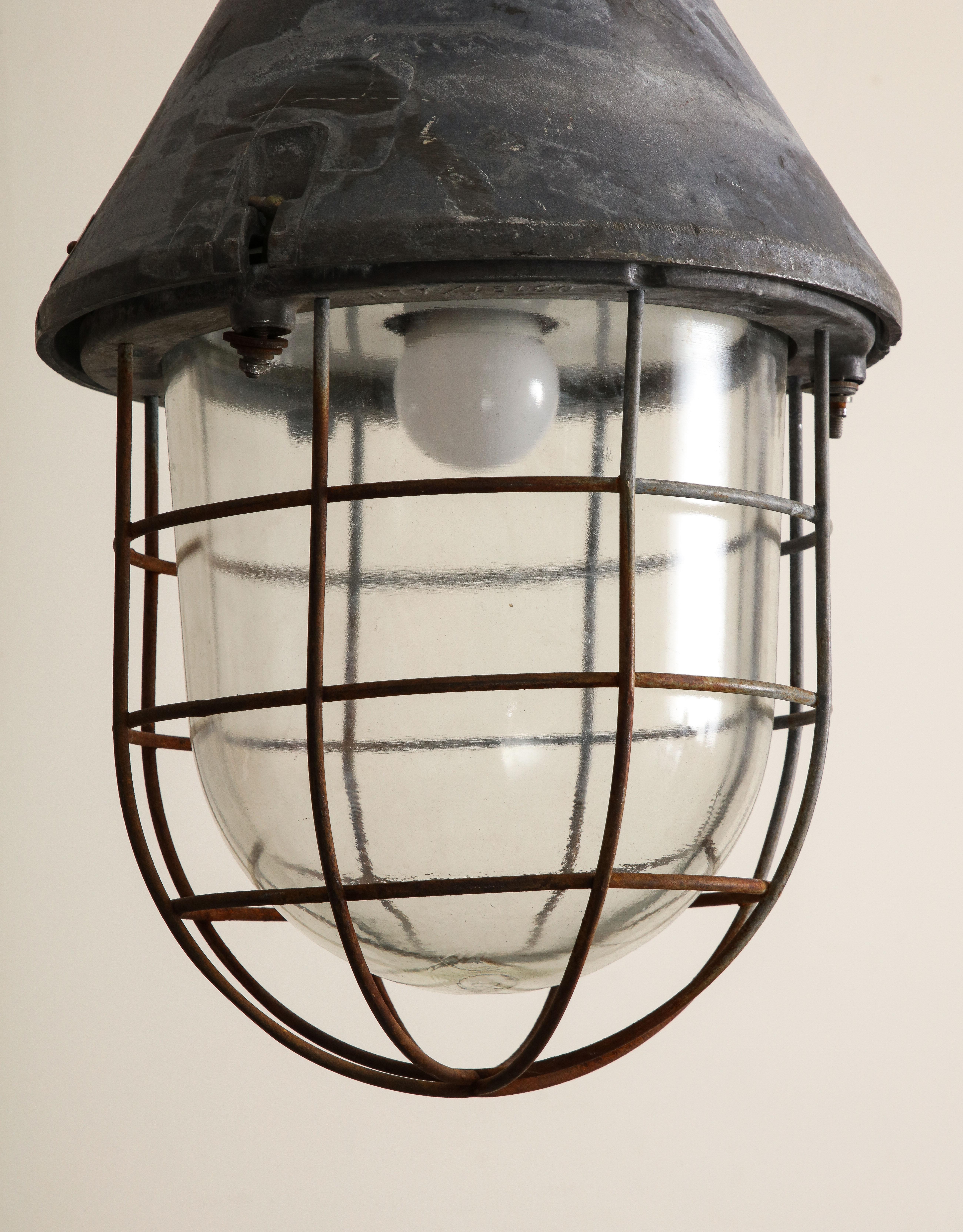 Pair of Vintage Industrial Cast Iron Cage Pendant Lights, C. 1920 For Sale 7