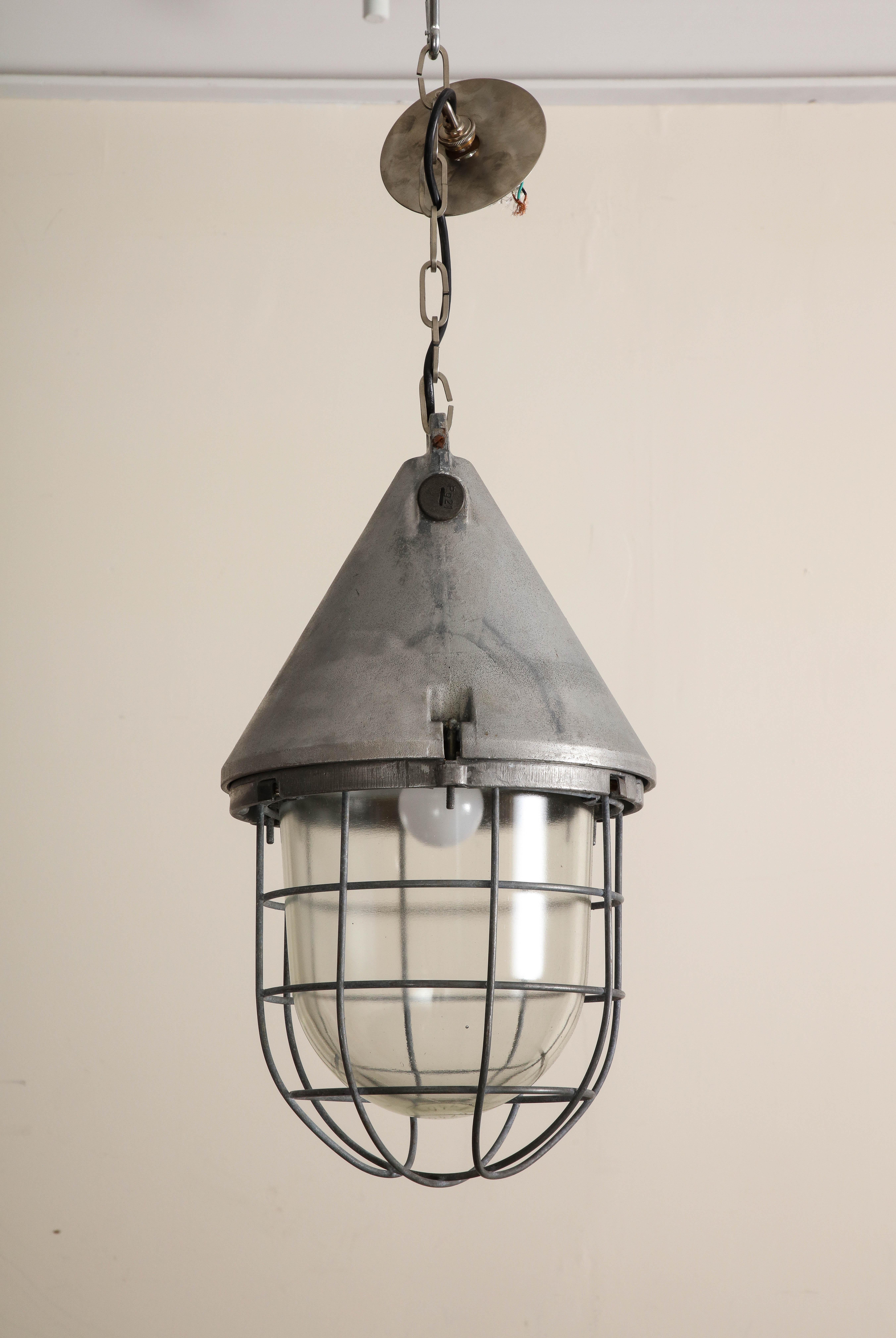 Pair of Vintage Industrial Cast Iron Cage Pendant Lights, C. 1920 For Sale 12